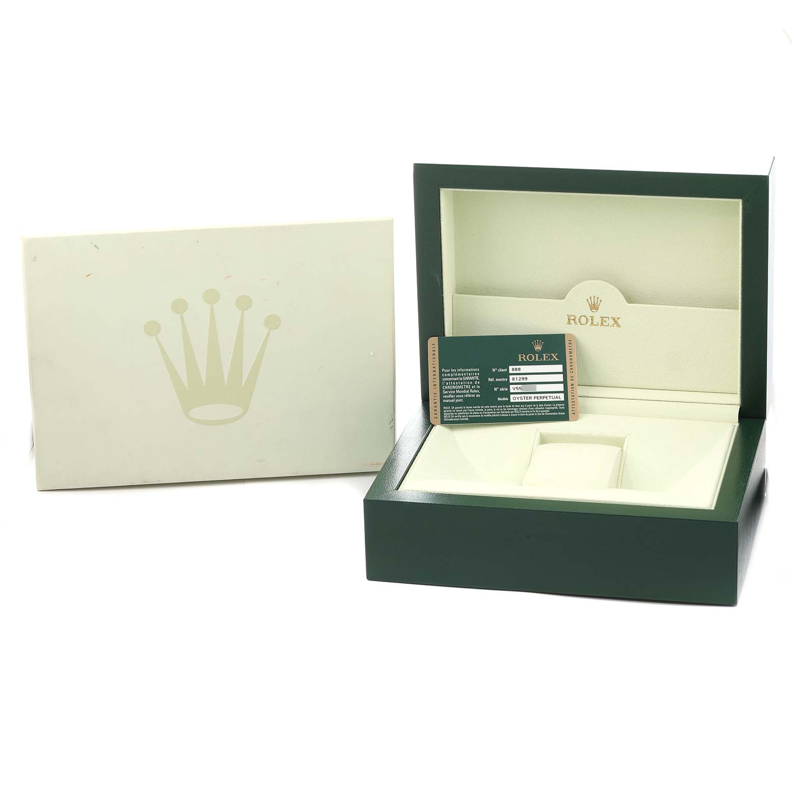 The image shows a Rolex Pearlmaster 81299 Women's White Gold Mother of Pearl Dial watch box and warranty card from a front angle.