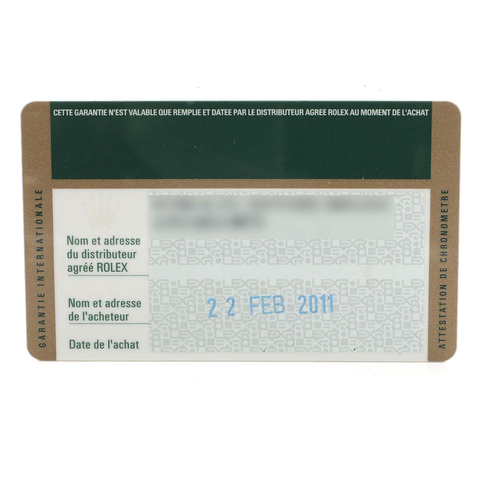 The image shows an international guarantee card for the Rolex Pearlmaster 81299 Women's White Gold Mother of Pearl Dial watch, with date and distributor details visible.