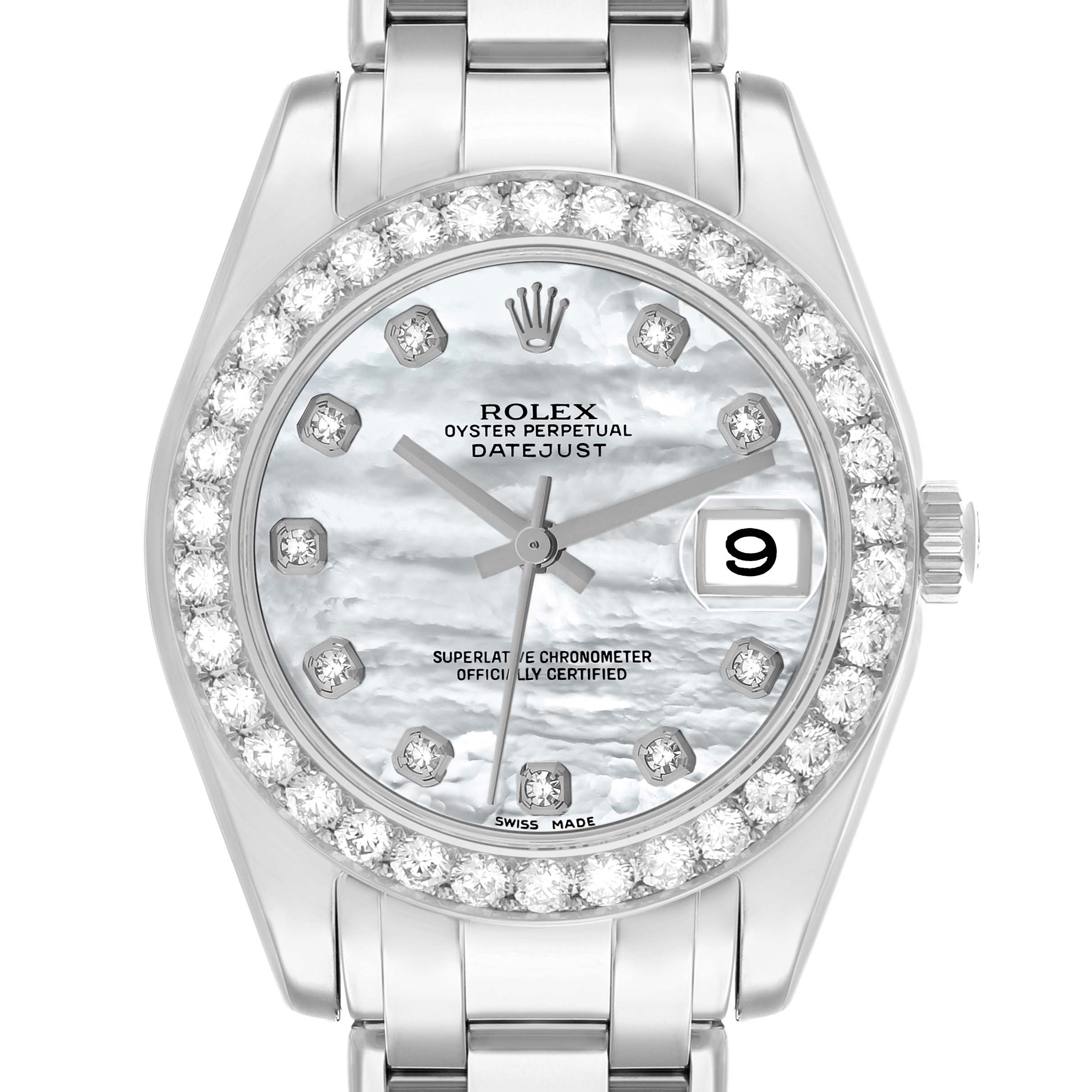 The Rolex Pearlmaster 81299 Women's White Gold Mother of Pearl Dial watch is shown from the front, highlighting its diamond-studded bezel and mother-of-pearl dial.
