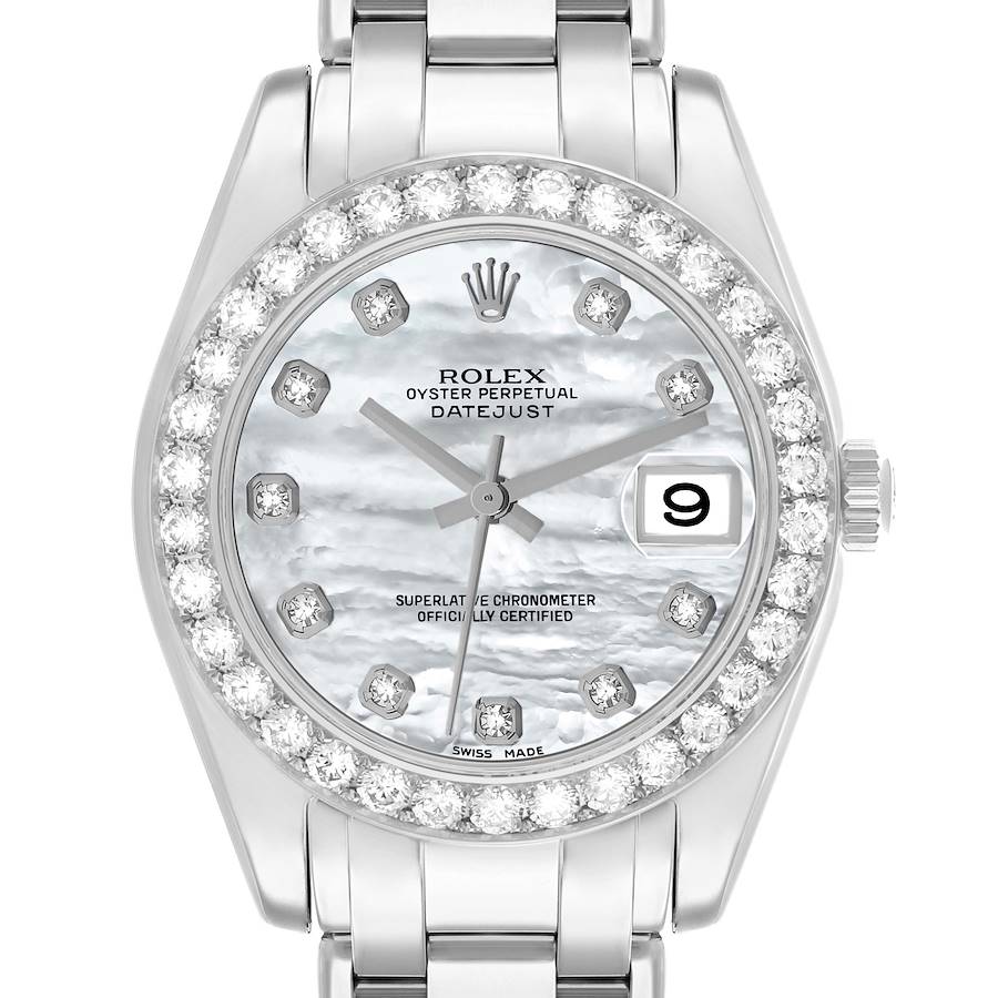 The Rolex Pearlmaster 81299 Women's White Gold Mother of Pearl Dial watch is shown from the front, highlighting its diamond-studded bezel and mother-of-pearl dial.