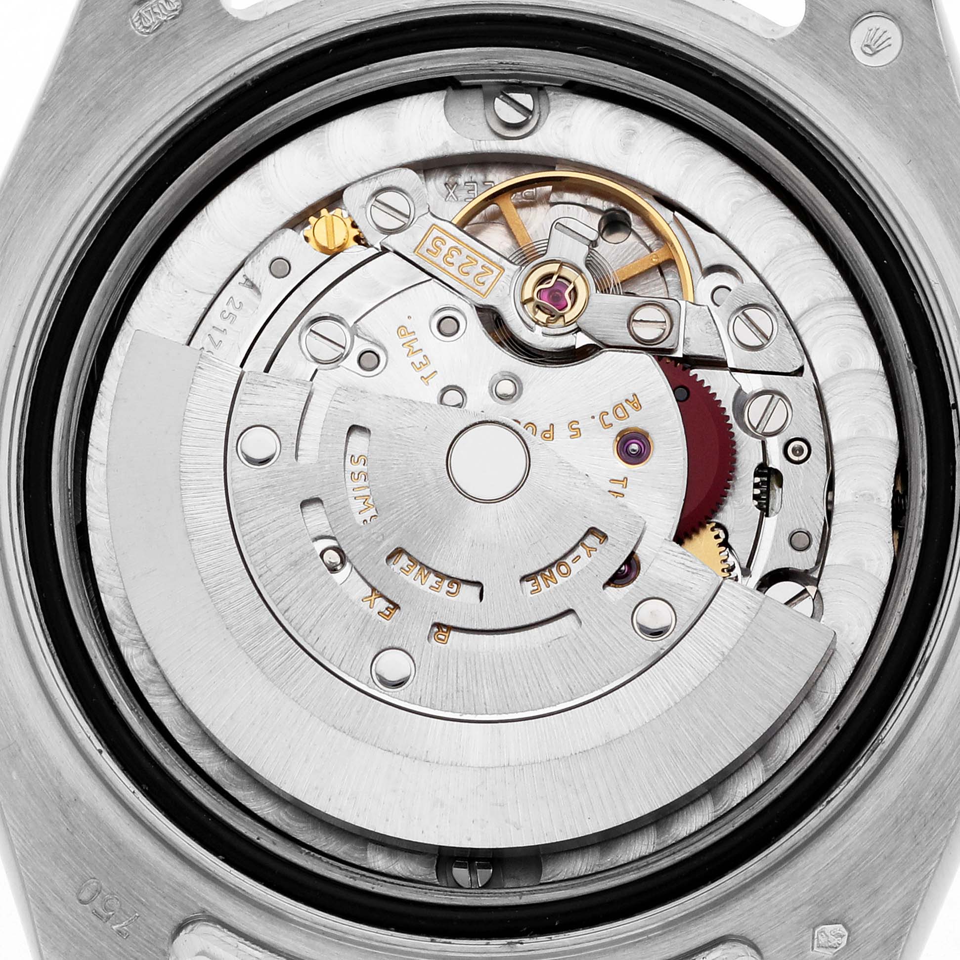 The image shows the movement of a Rolex Pearlmaster 81299 Women's White Gold Mother of Pearl Dial watch from a top-down angle, highlighting its intricate internal mechanics.