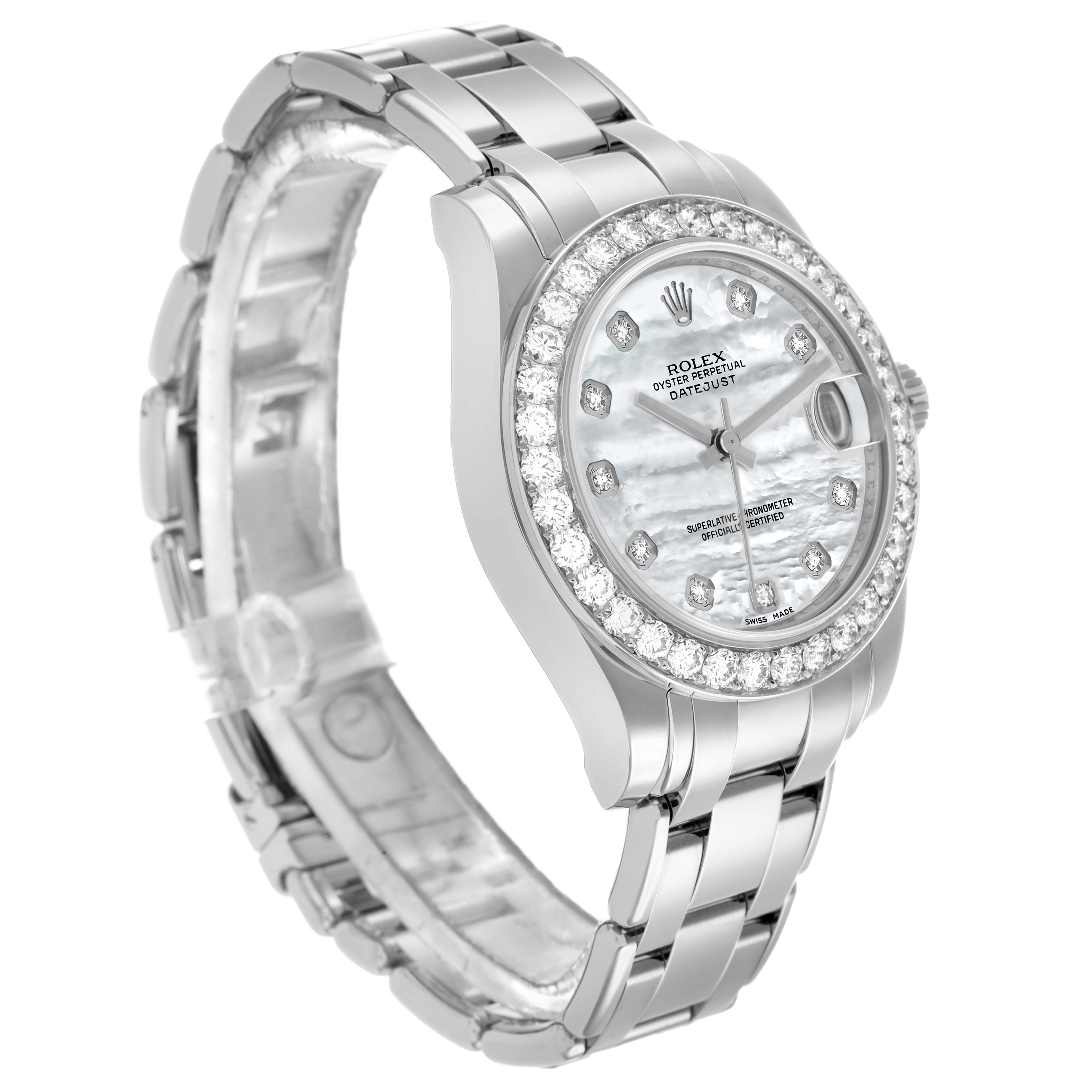 The Rolex Pearlmaster 81299 Women's White Gold Mother of Pearl Dial watch is shown at a front-side angle, highlighting its diamond bezel, mother-of-pearl dial, and bracelet.