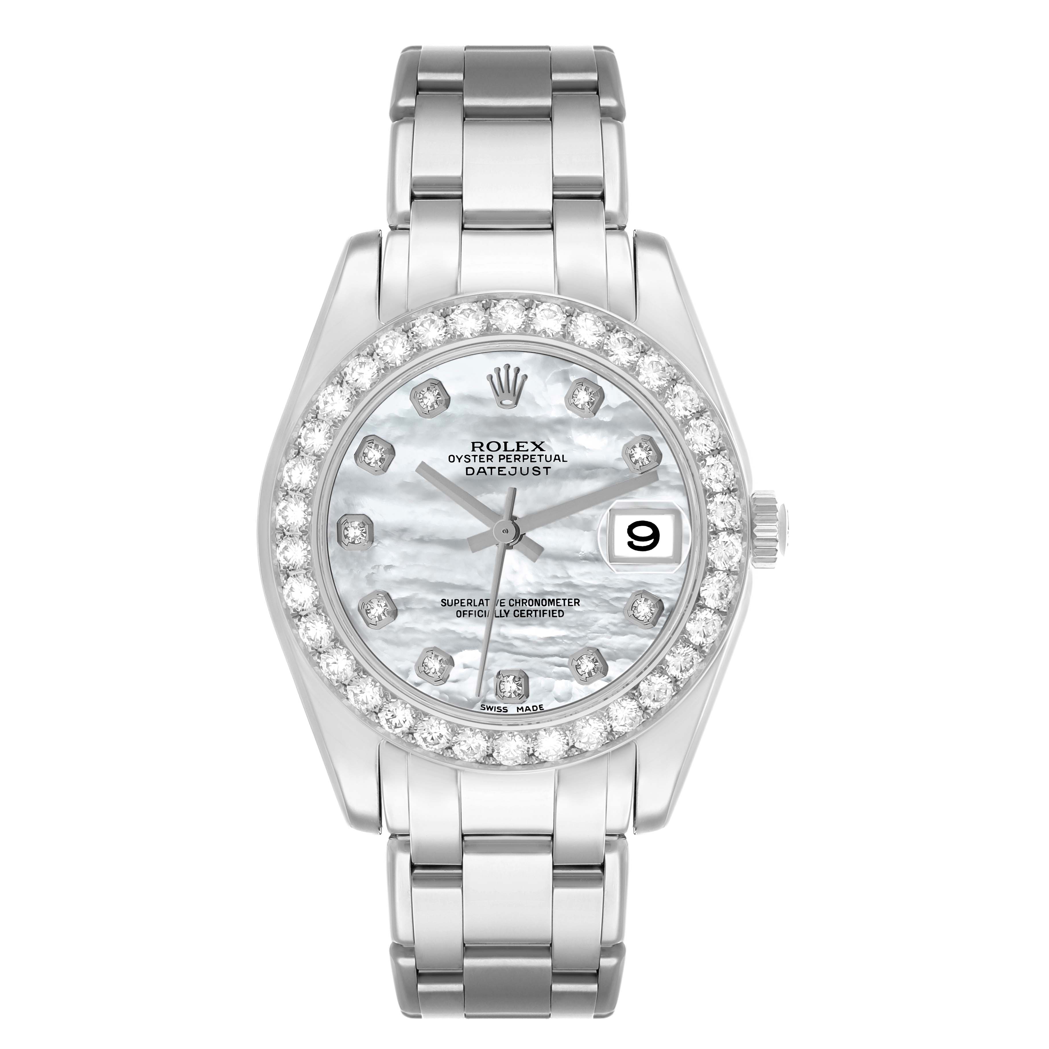 The Rolex Pearlmaster 81299 Women's White Gold Mother of Pearl Dial watch is shown from a top view, displaying the face, bezel, and bracelet.