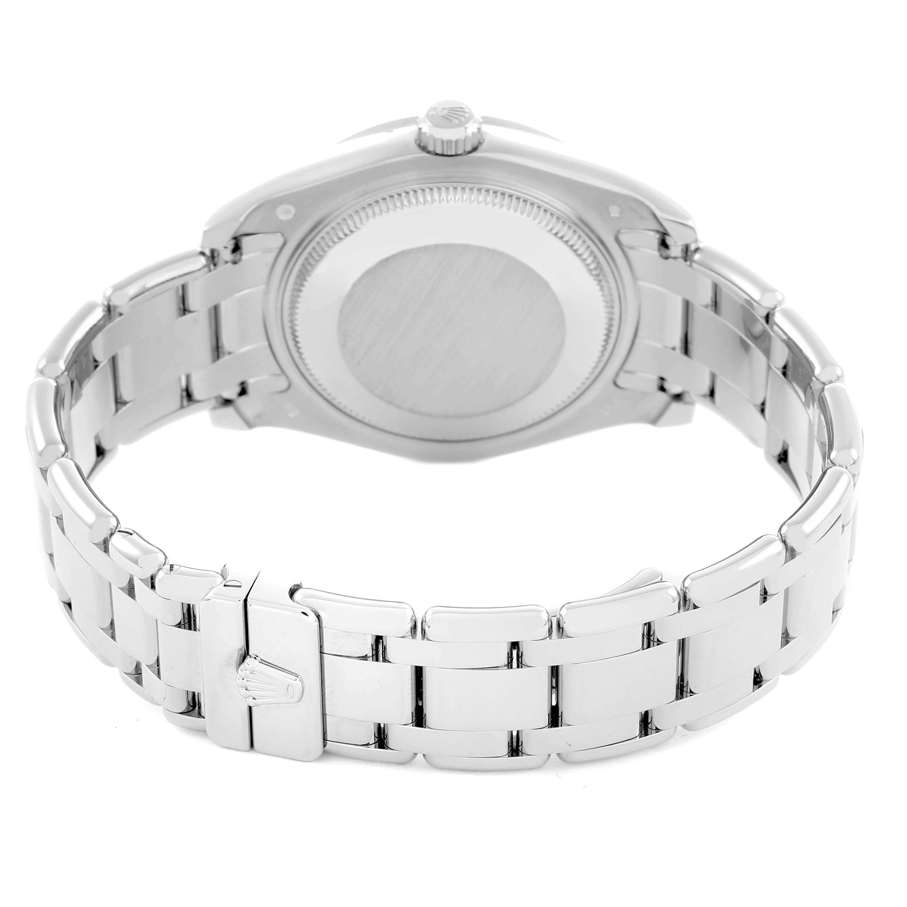 The image shows the back and bracelet of a Rolex Pearlmaster 81299 Women's White Gold Mother of Pearl Dial watch at a rear angle.