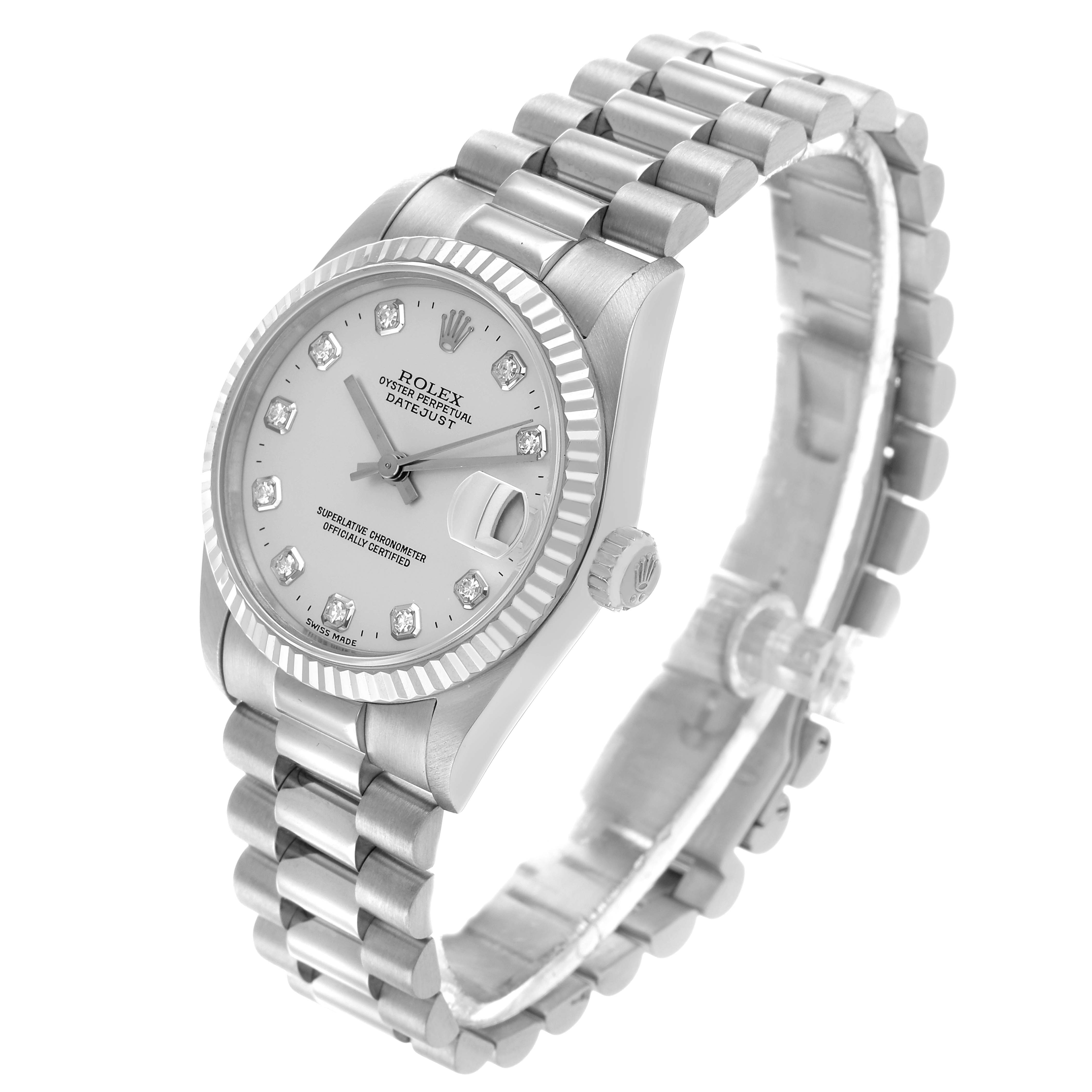 The Rolex Datejust 68279 Women's White Gold Silver Dial watch is shown at a three-quarter angle, displaying the face, bezel, crown, and bracelet clearly.