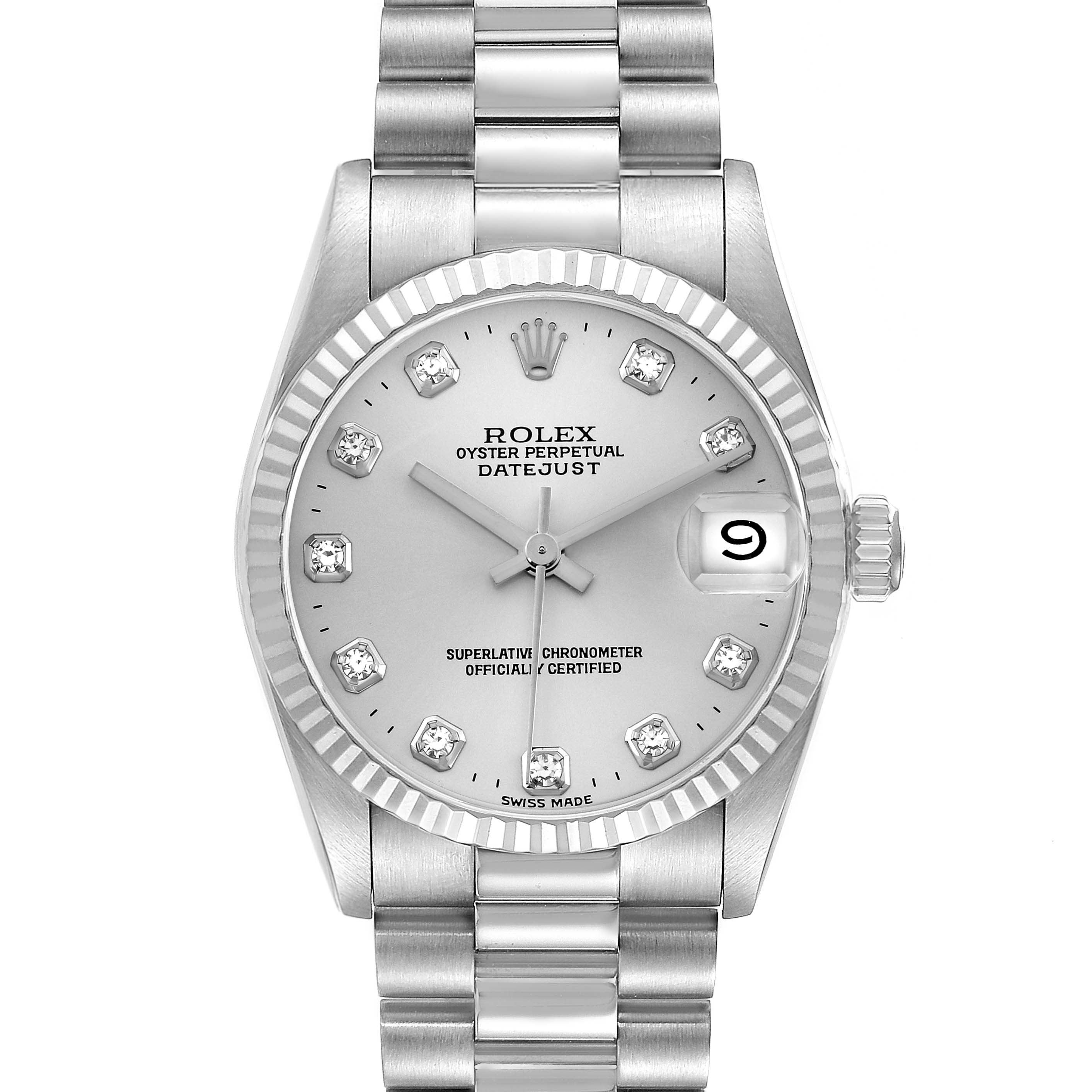 The Rolex Datejust 68279 Women's White Gold Silver Dial is shown from the front, displaying its dial, bezel, bracelet, and date window.