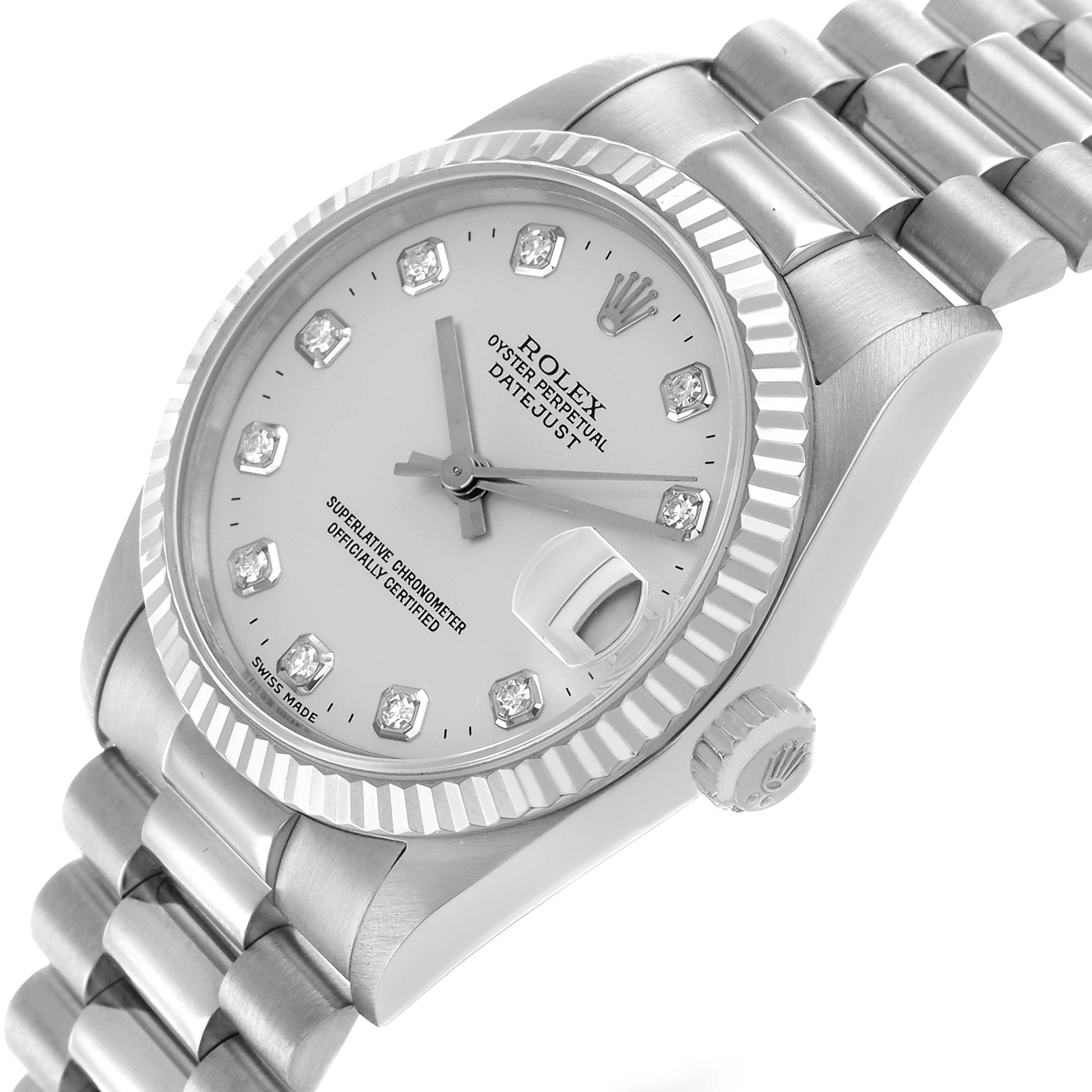 The image shows a Rolex Datejust 68279 Women's White Gold Silver Dial watch at a tilted angle, highlighting the bezel, dial, crown, and part of the bracelet.