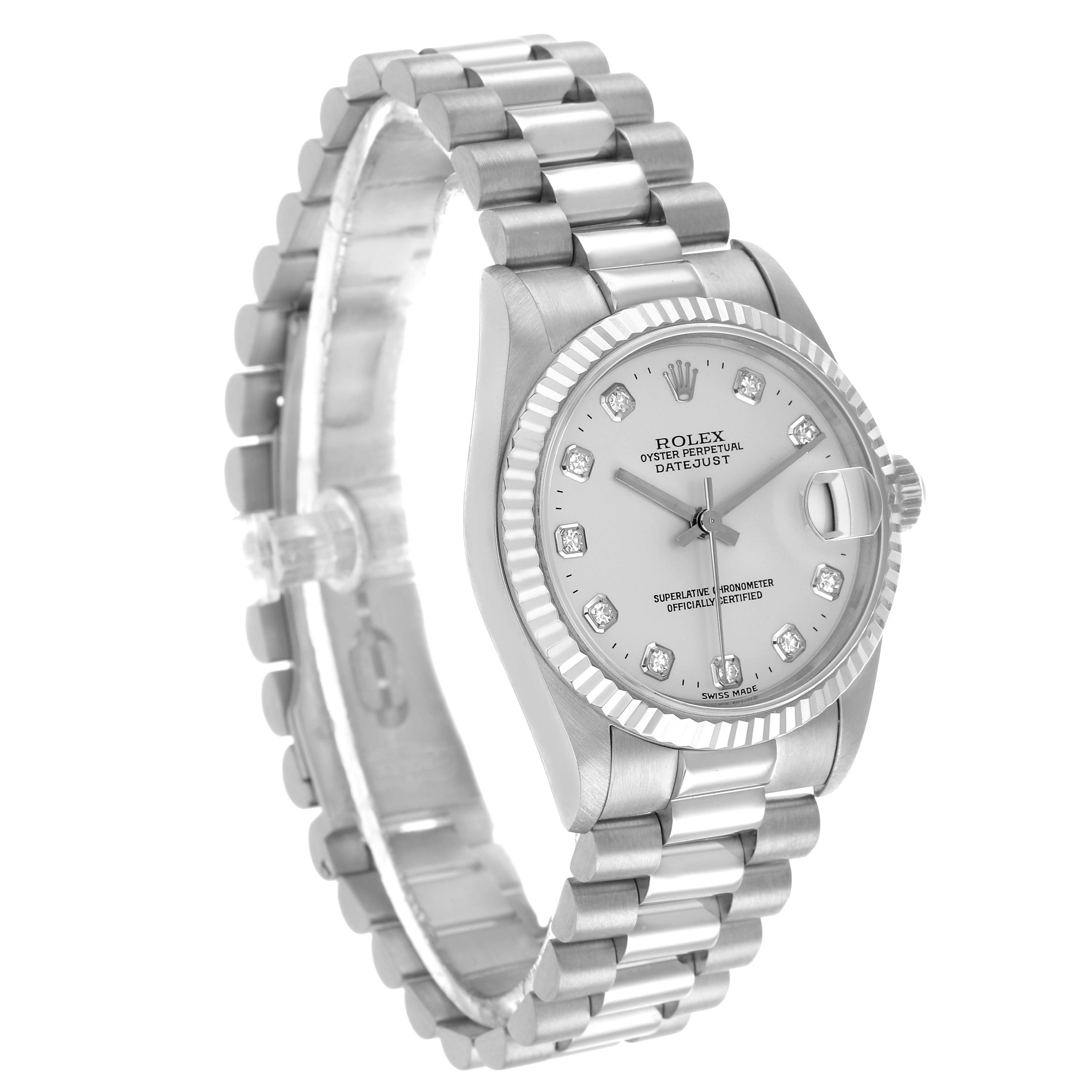 The Rolex Datejust 68279 Women's White Gold Silver Dial watch is shown at a three-quarter angle, highlighting the face, bezel, and bracelet.