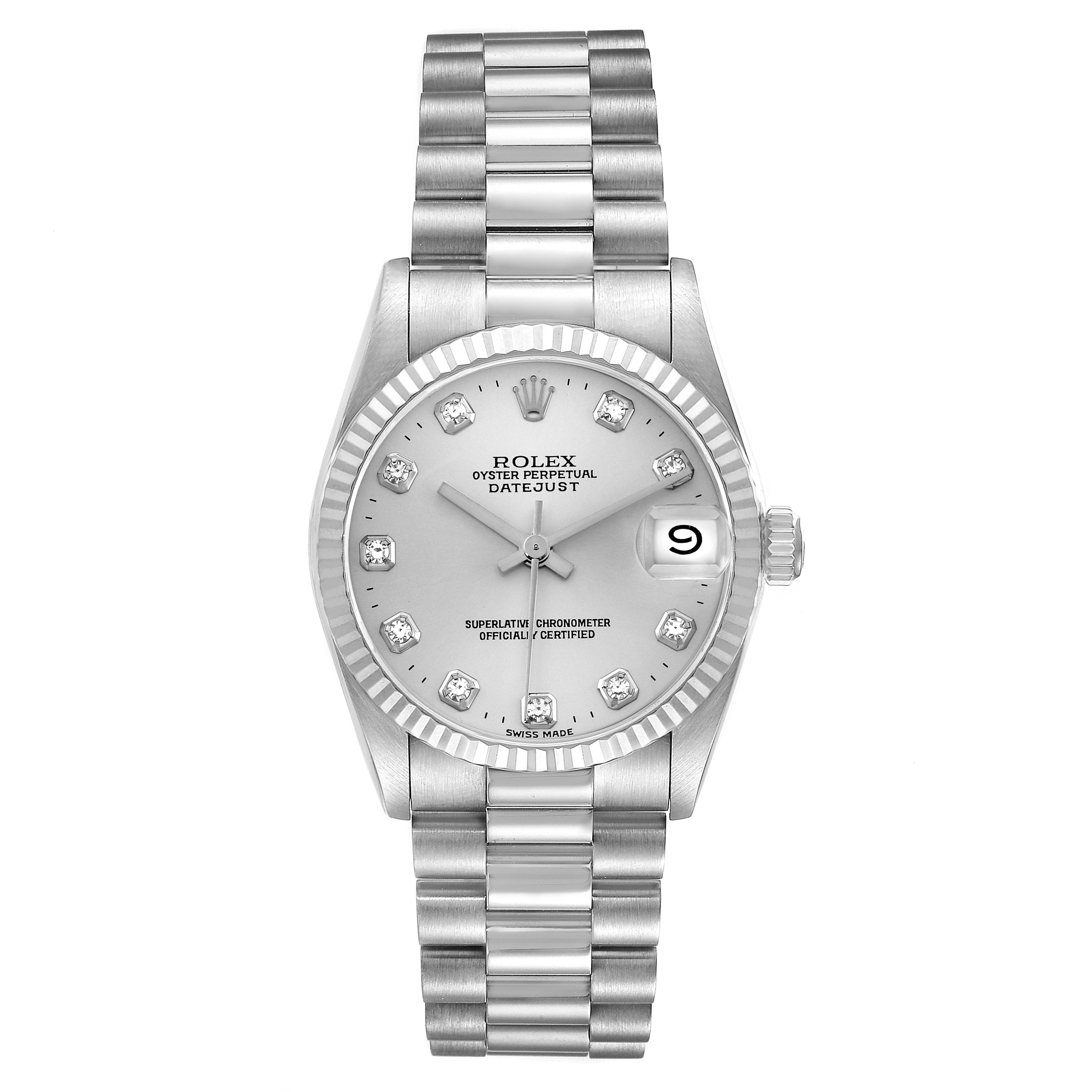 The Rolex Datejust 68279 Women's White Gold Silver Dial watch is shown from a top-down angle, displaying the face, bezel, and bracelet.