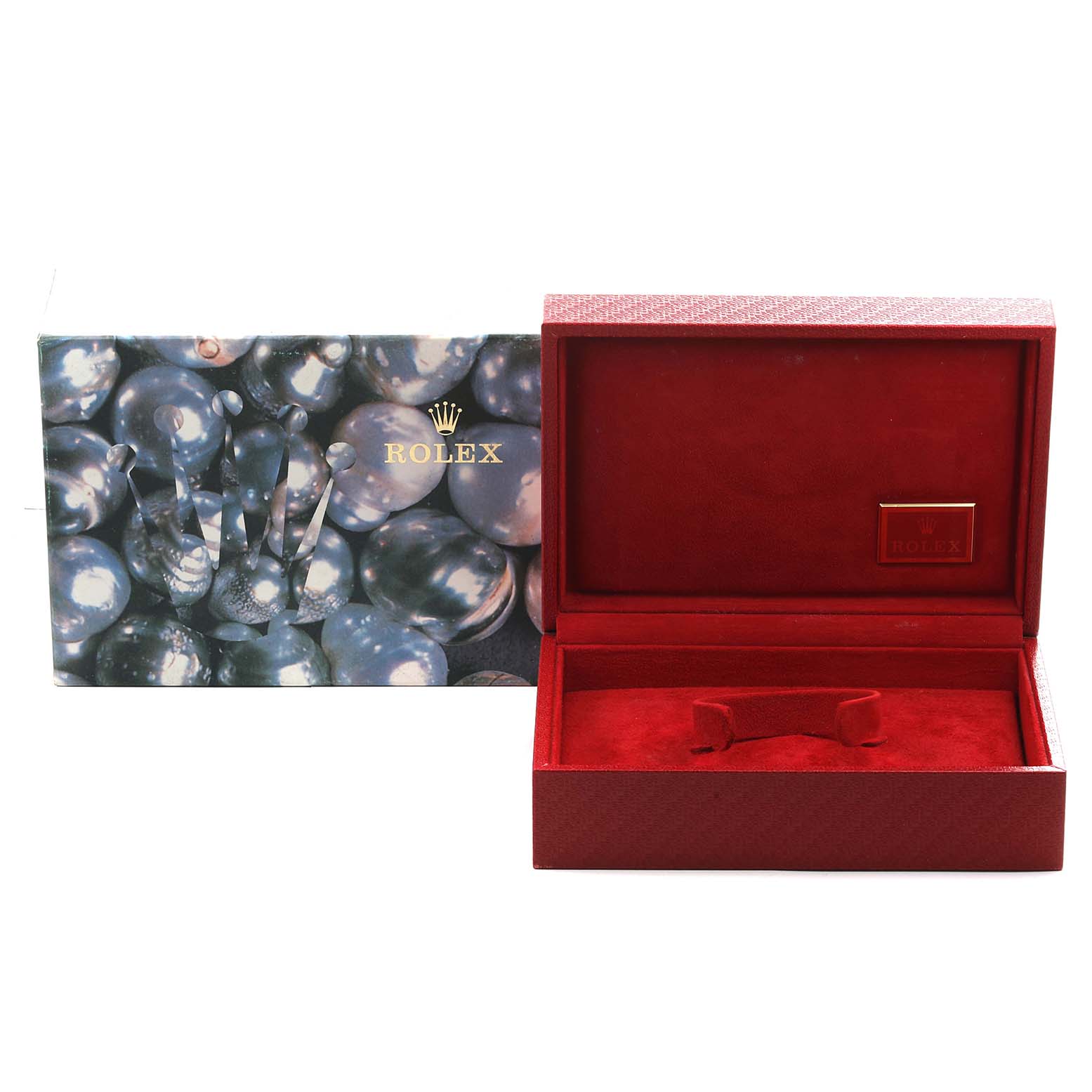 The image shows a Rolex Datejust 68279 Women's White Gold Silver Dial watch box and packaging from a frontal angle, highlighting the open interior and outer cover.