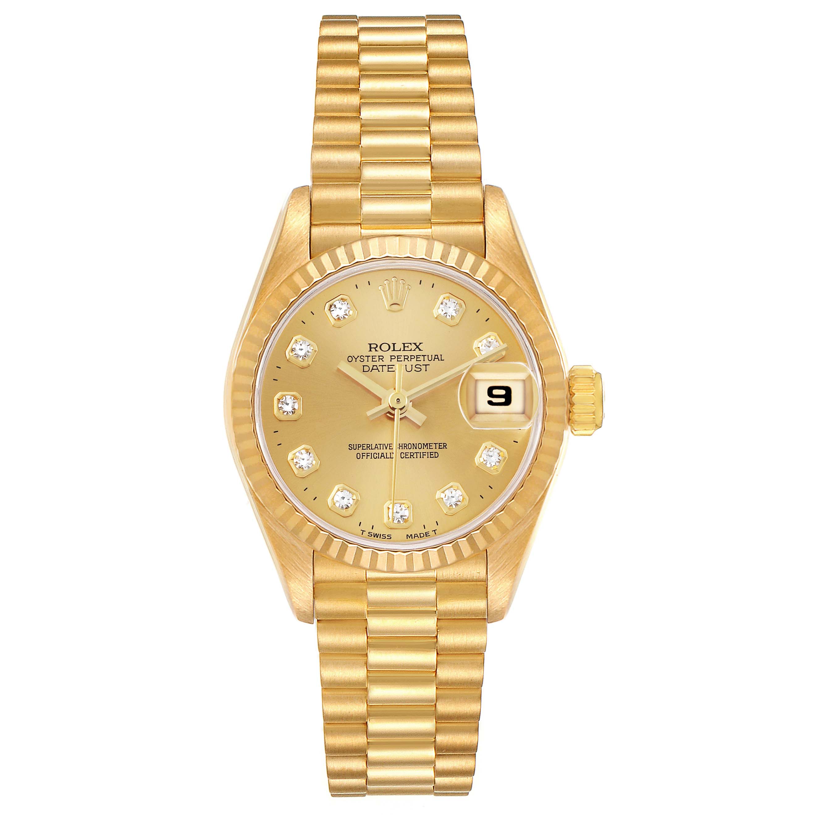 The Rolex President 69178 Women's Yellow Gold Champagne Dial 69178 Women's Yellow Gold Champagne Dial model watch is shown from a straight-on angle, displaying its gold dial, bracelet, and date window.