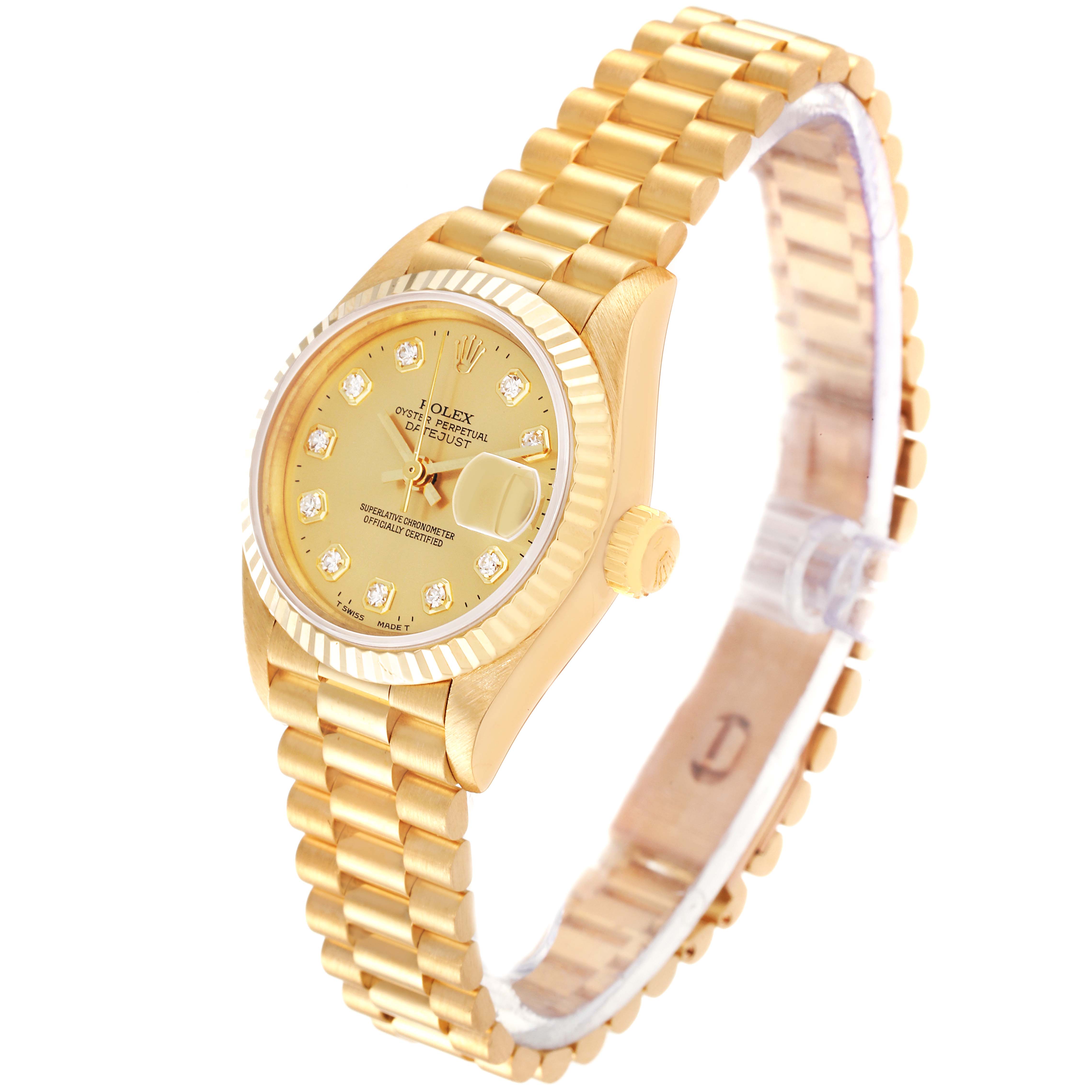 The image shows a Rolex President 69178 Women's Yellow Gold Champagne Dial 69178 Women's Yellow Gold Champagne Dial model watch at a three-quarter angle, highlighting the gold case, bracelet, and diamond-studded dial.