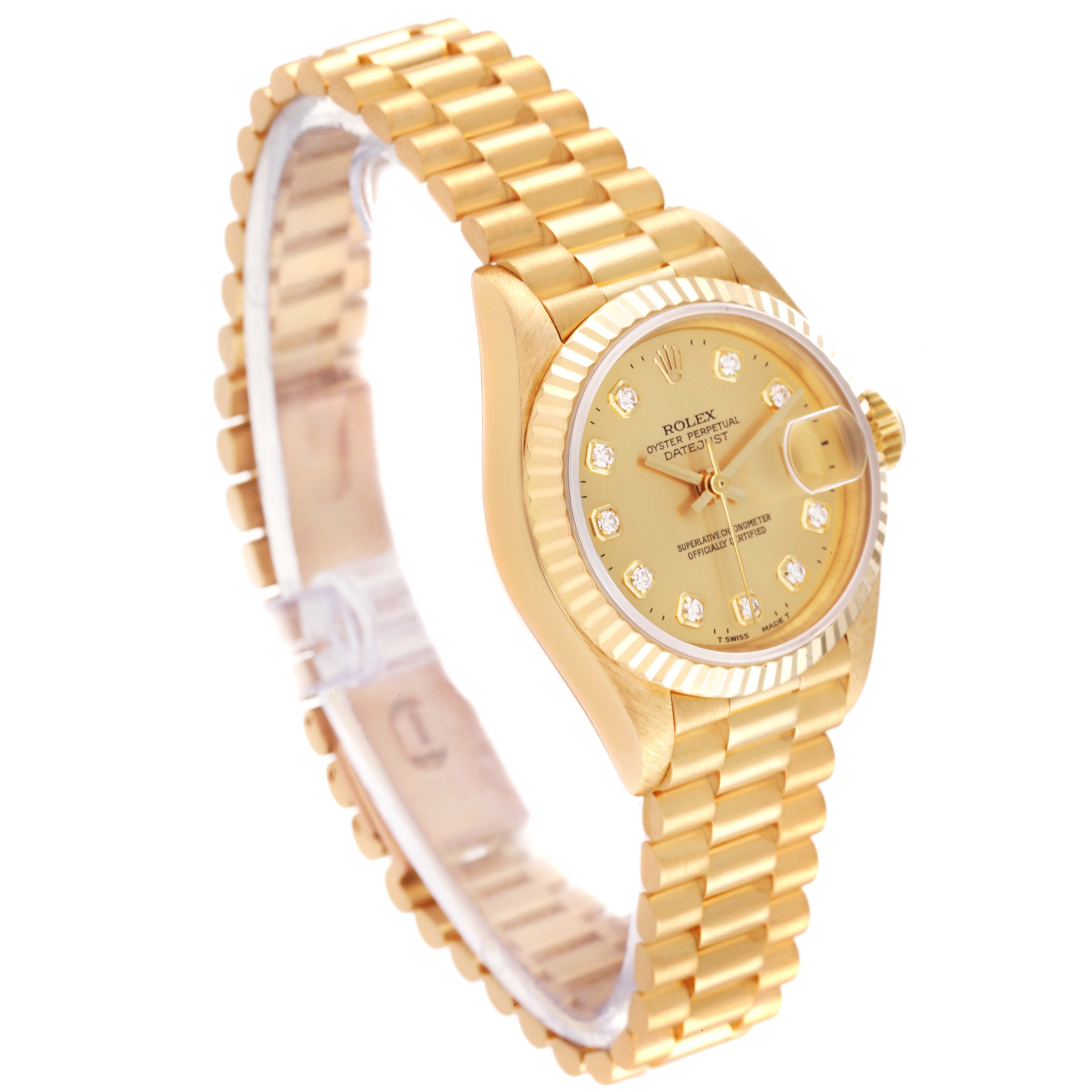 This Rolex President 69178 Women's Yellow Gold Champagne Dial 69178 Women's Yellow Gold Champagne Dial watch is shown at a three-quarter angle, displaying the dial, fluted bezel, and gold bracelet.