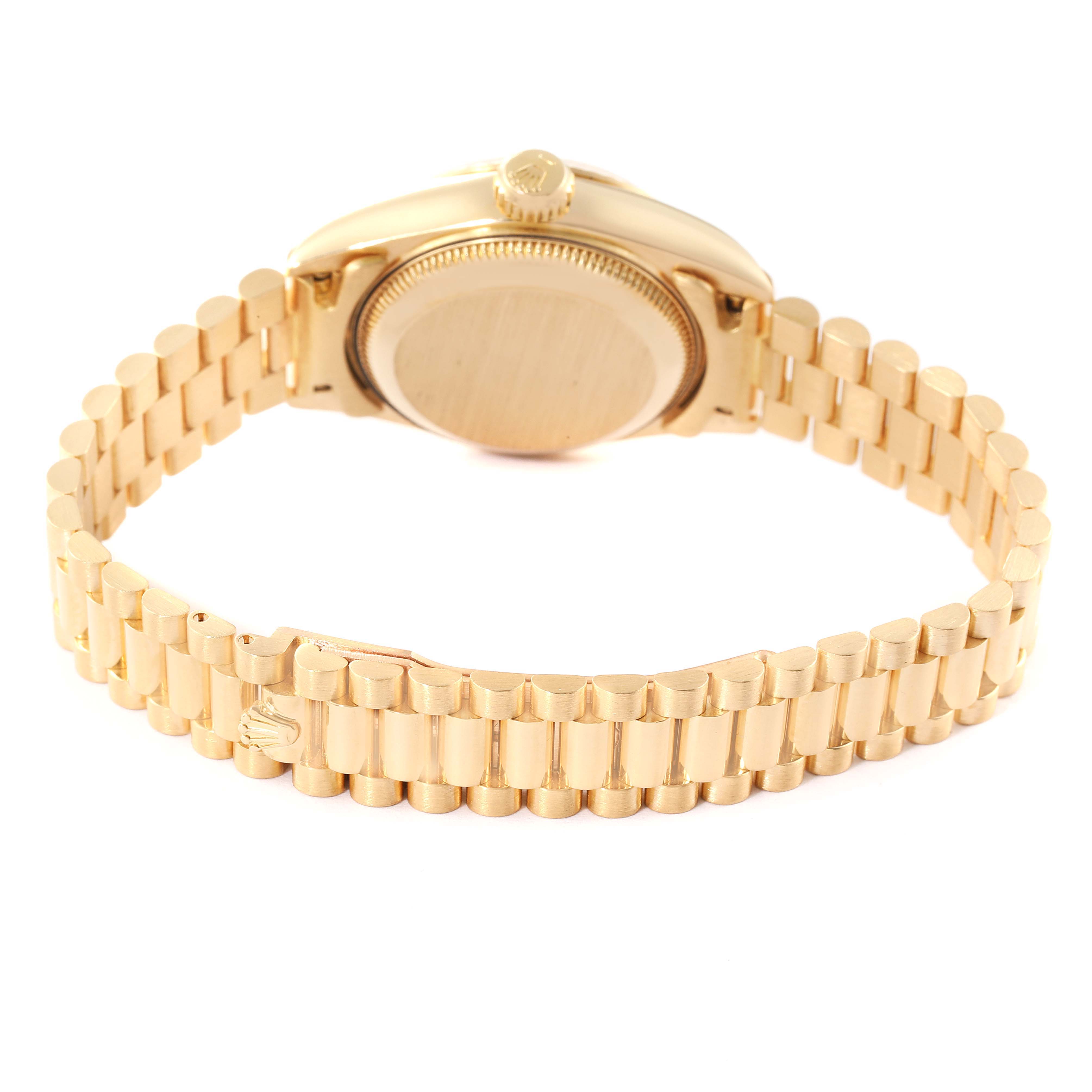 The image shows the back and bracelet of a Rolex President 69178 Women's Yellow Gold Champagne Dial 69178 Women's Yellow Gold Champagne Dial model watch from a rear angle.