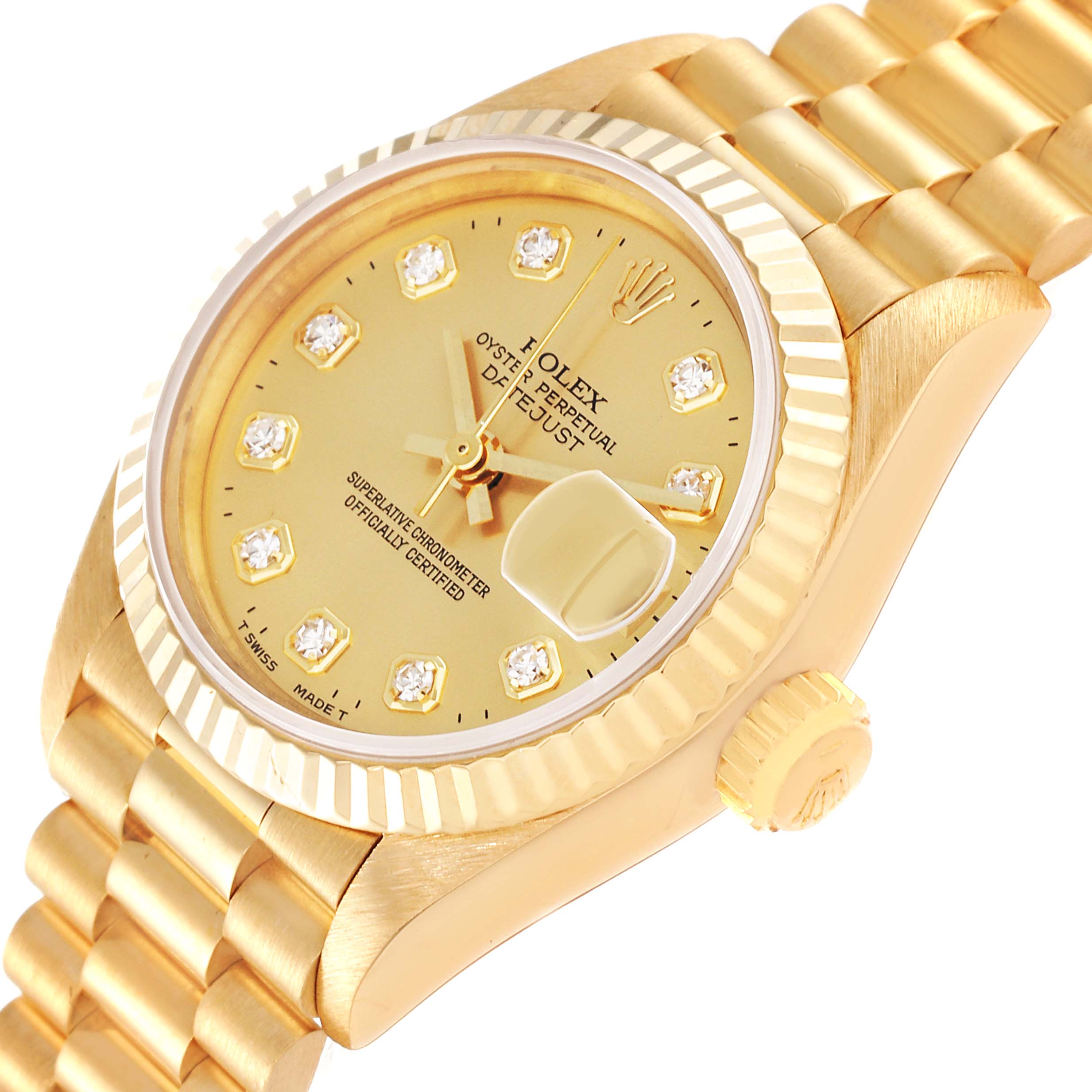 The image shows a Rolex President 69178 Women's Yellow Gold Champagne Dial 69178 Women's Yellow Gold Champagne Dial model watch from an angled top view, highlighting the dial, bezel, crown, and bracelet.