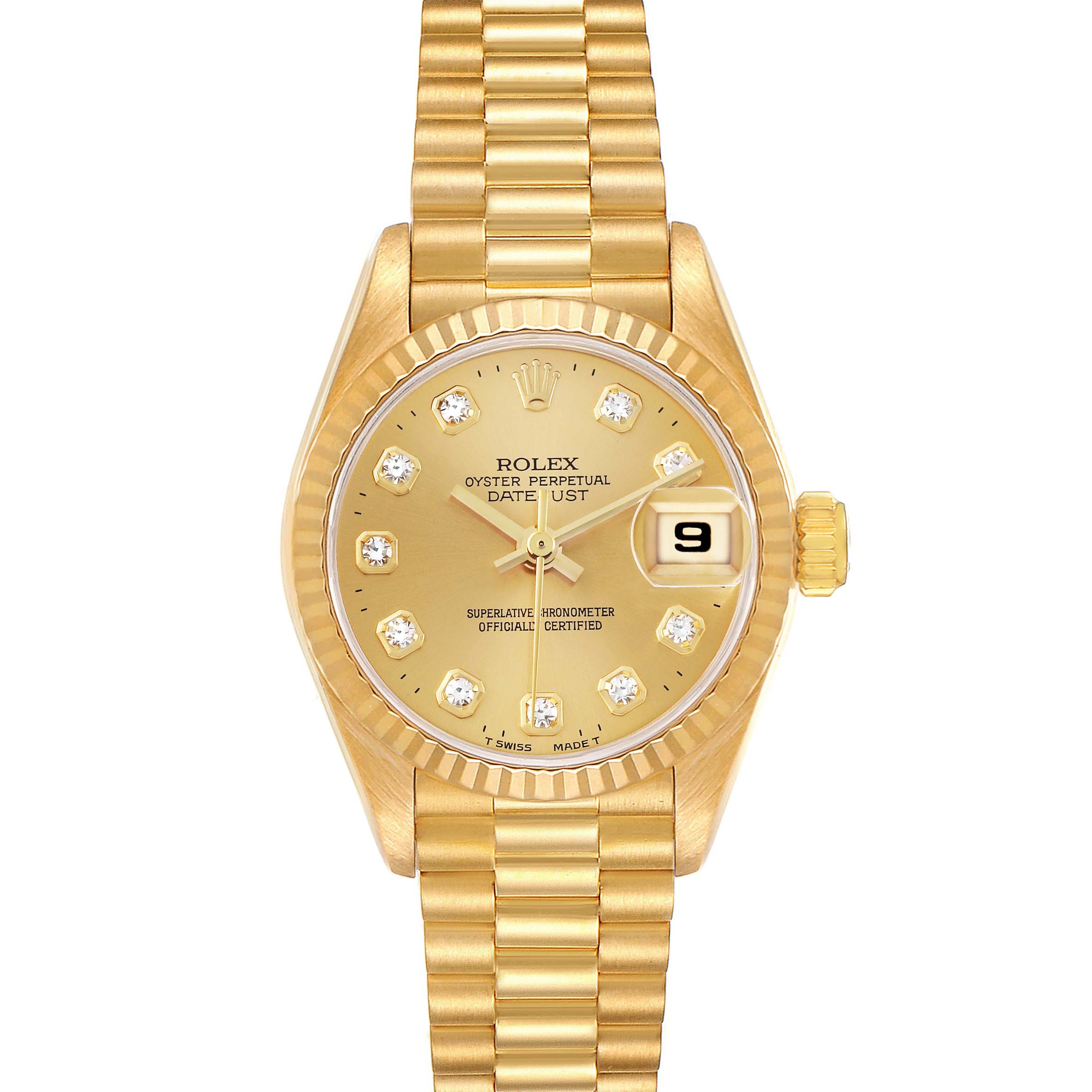 The full face and bracelet of the gold Rolex President 69178 Women's Yellow Gold Champagne Dial 69178 Women's Yellow Gold Champagne Dial model watch are shown from a straight-on angle.
