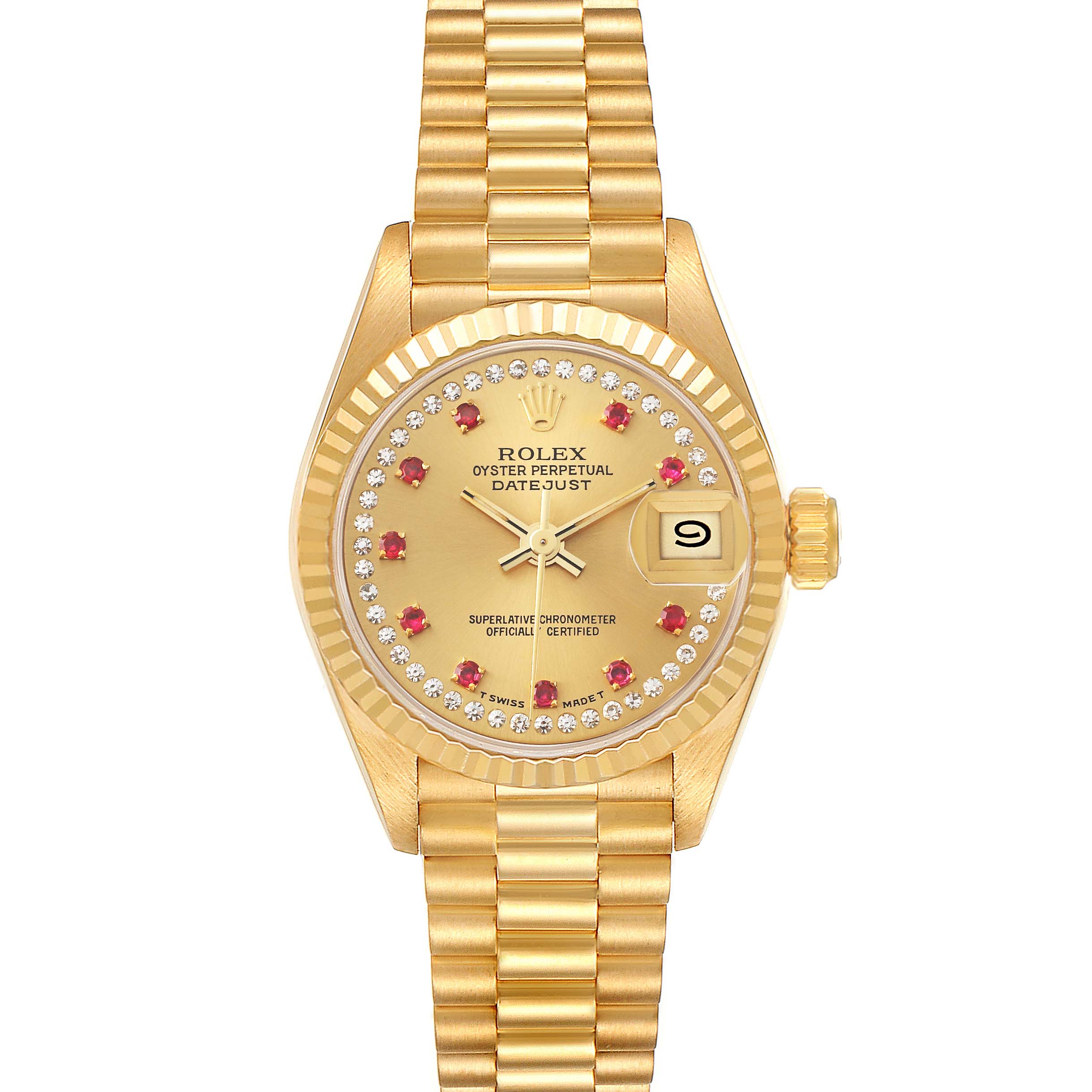 The image shows a frontal view of a Rolex President 69178 Women
s Yellow Gold Champagne Dial 69178 Women
s Yellow Gold Champagne Dial model watch, displaying its face, bracelet, and crown.