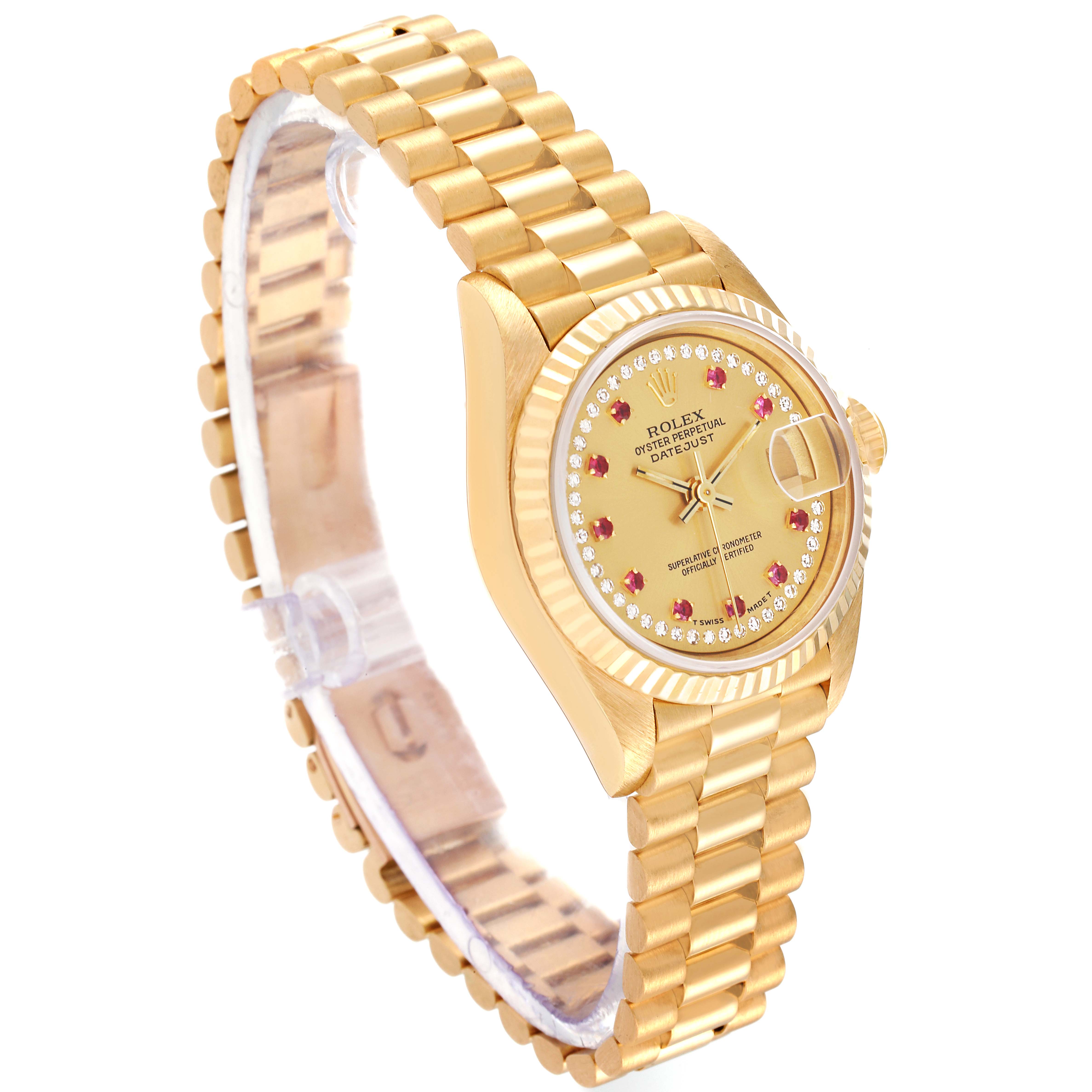 The image shows a side angle of a Rolex President 69178 Women
s Yellow Gold Champagne Dial 69178 Women
s Yellow Gold Champagne Dial model watch, highlighting its gold bracelet, fluted bezel, and dial.