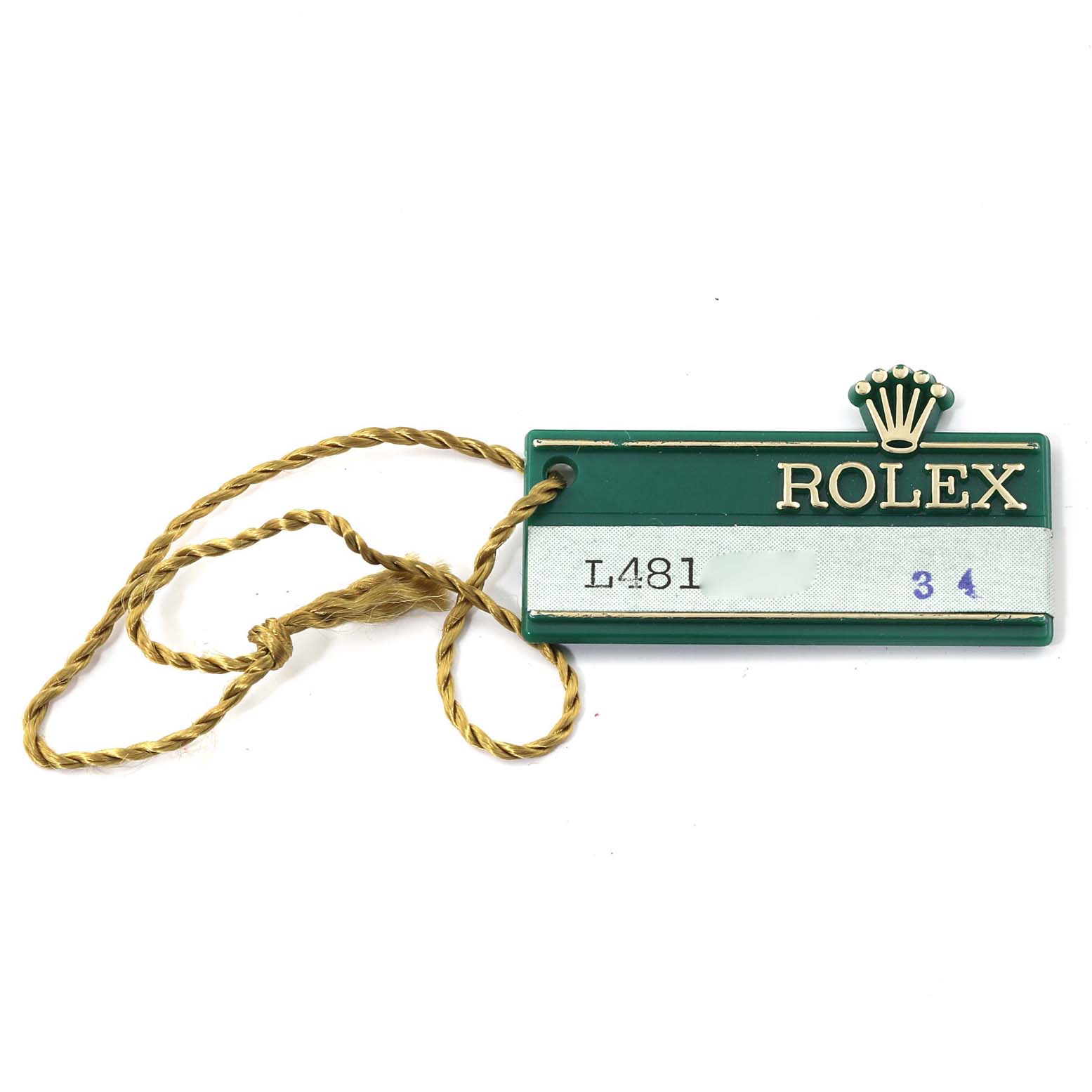 This image shows a green Rolex tag with the model number and a braided string, commonly attached to the Rolex President 69178 Women
s Yellow Gold Champagne Dial 69178 Women
s Yellow Gold Champagne Dial watch.
