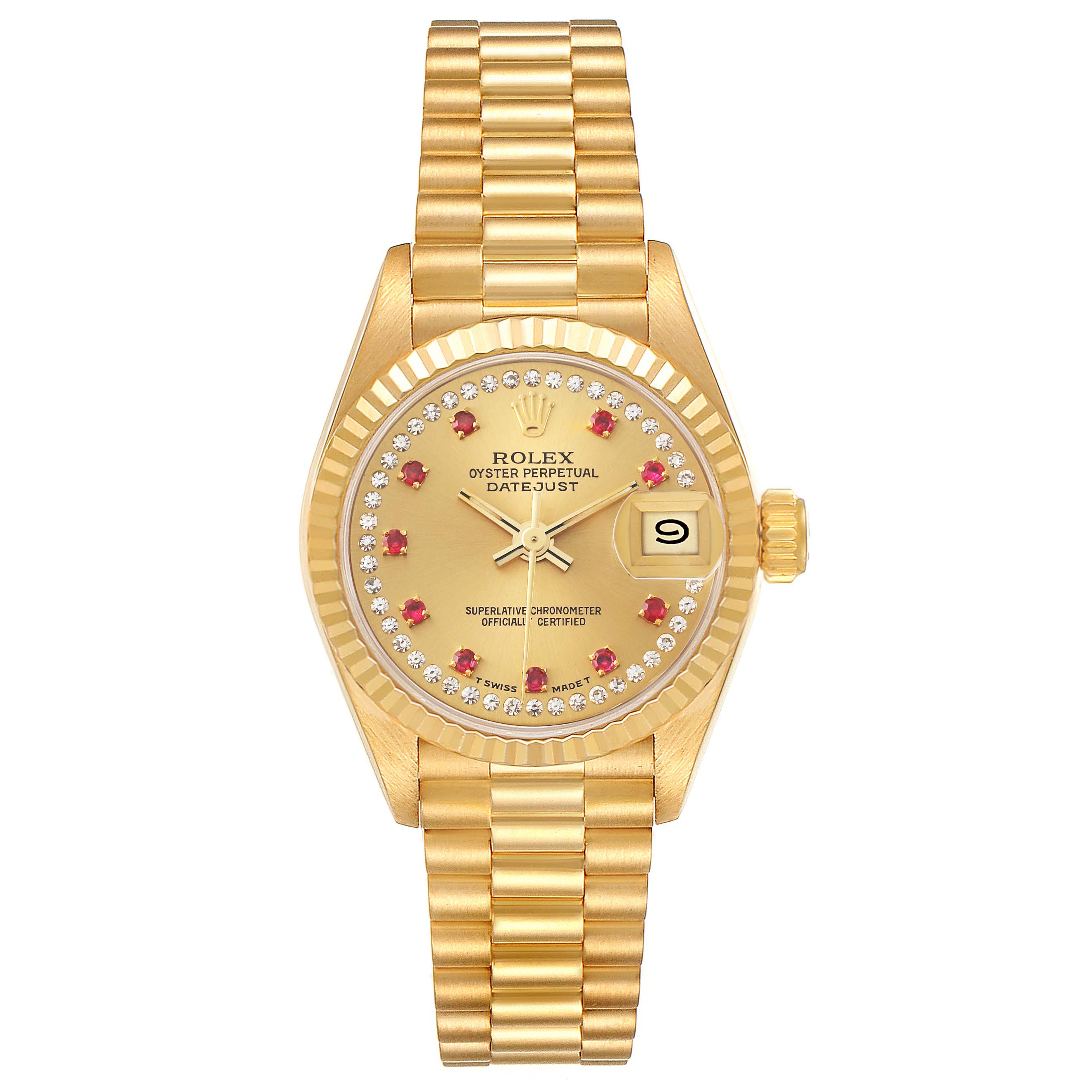 This image shows a front view of a Rolex President 69178 Women
s Yellow Gold Champagne Dial 69178 Women
s Yellow Gold Champagne Dial model watch with a gold bracelet, dial, and date display.