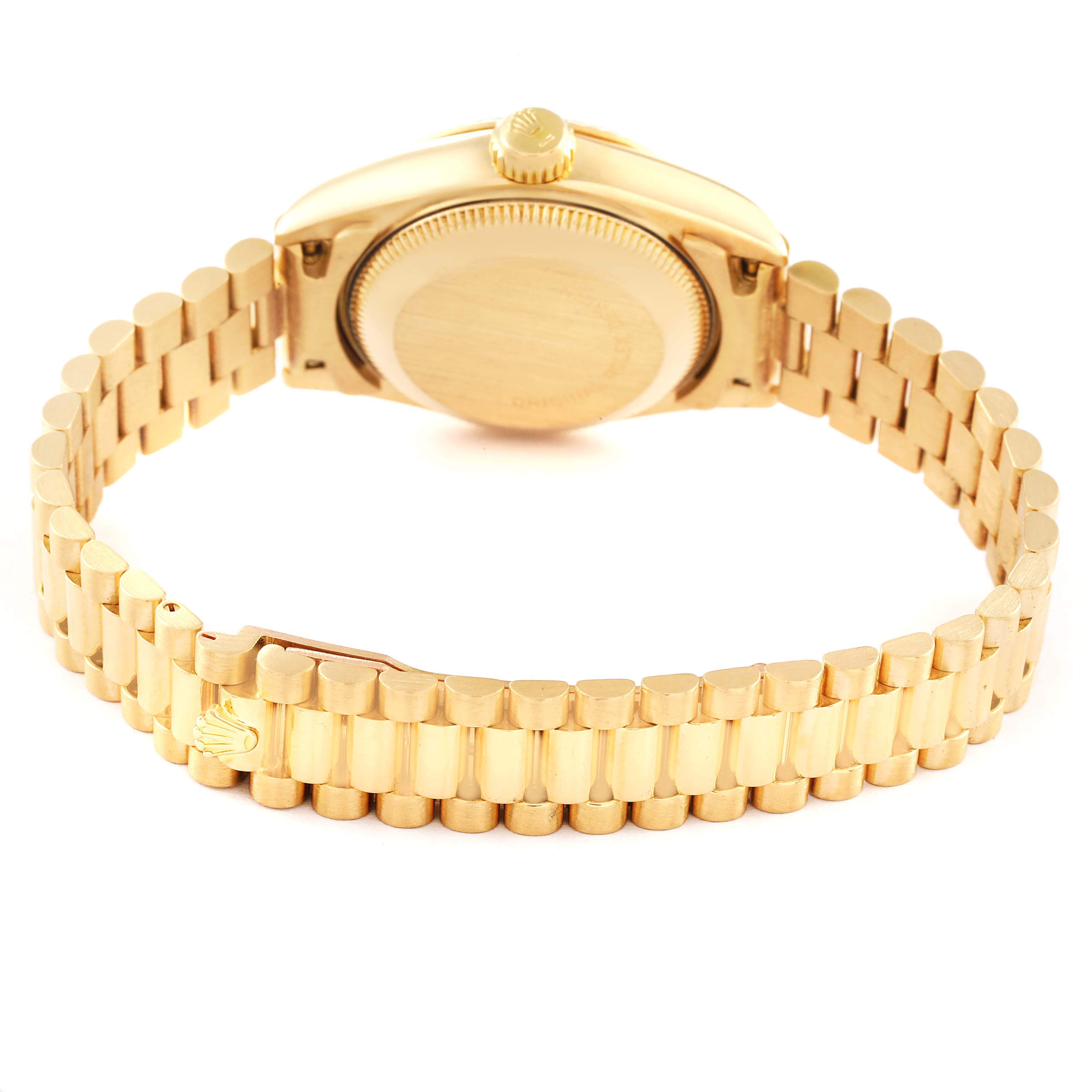 The image shows the back of a Rolex President 69178 Women
s Yellow Gold Champagne Dial 69178 Women
s Yellow Gold Champagne Dial model watch, focusing on the case back and the bracelet.