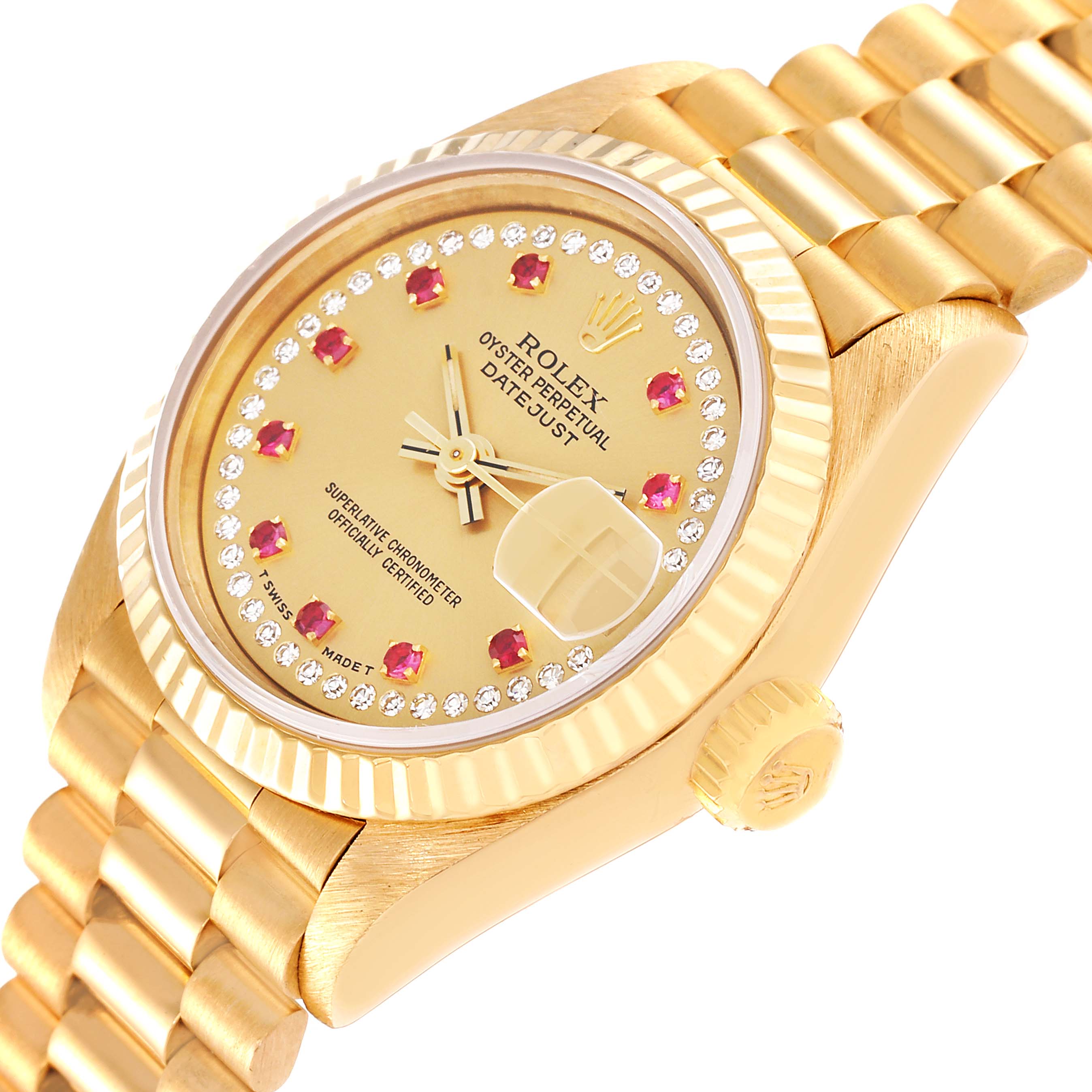 The image shows a close-up angled view of the Rolex President 69178 Women
s Yellow Gold Champagne Dial 69178 Women
s Yellow Gold Champagne Dial model watch, featuring the watch face, bezel, and crown.