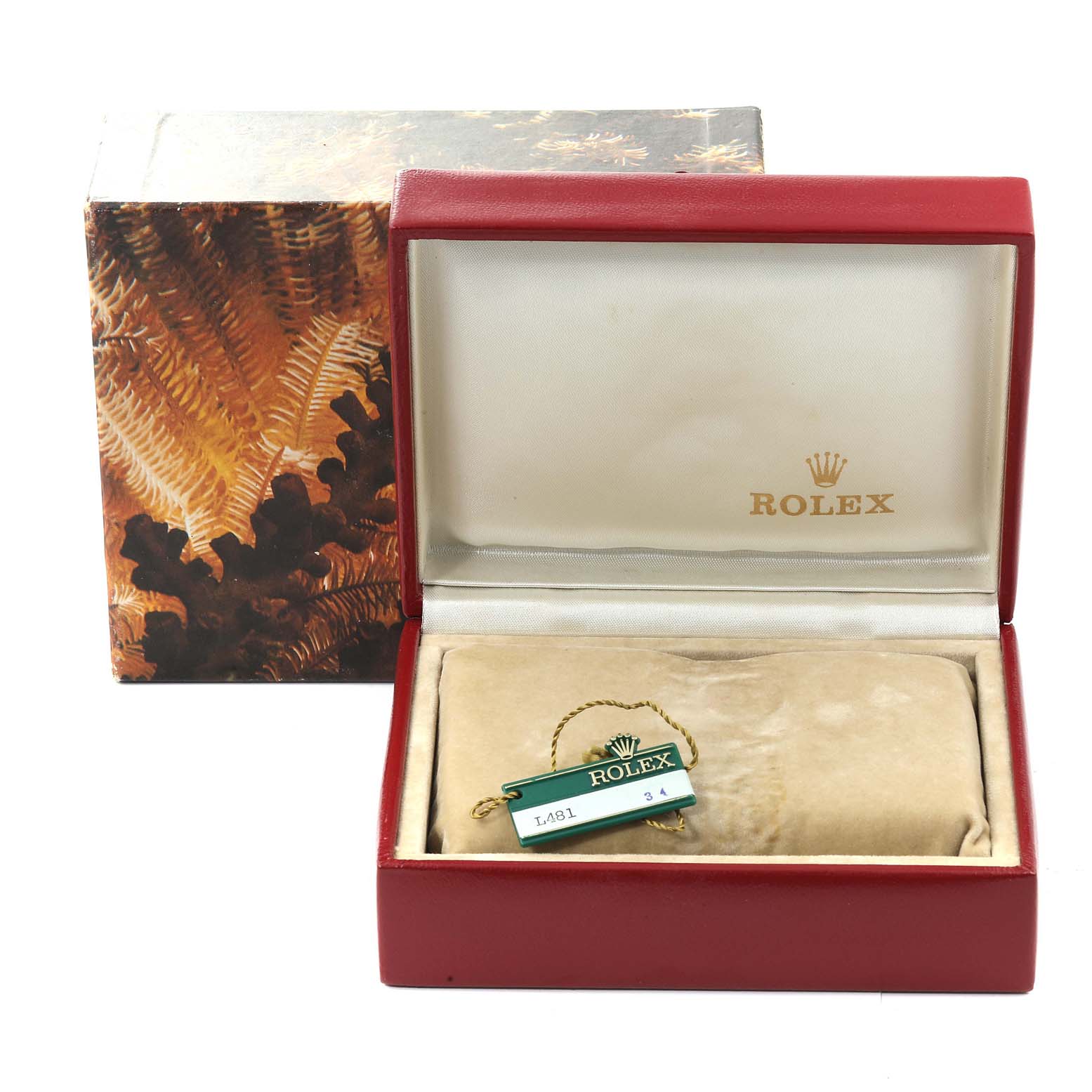 The image shows the packaging box and tag of the Rolex President 69178 Women
s Yellow Gold Champagne Dial 69178 Women
s Yellow Gold Champagne Dial model, including the inner cushion and label.
