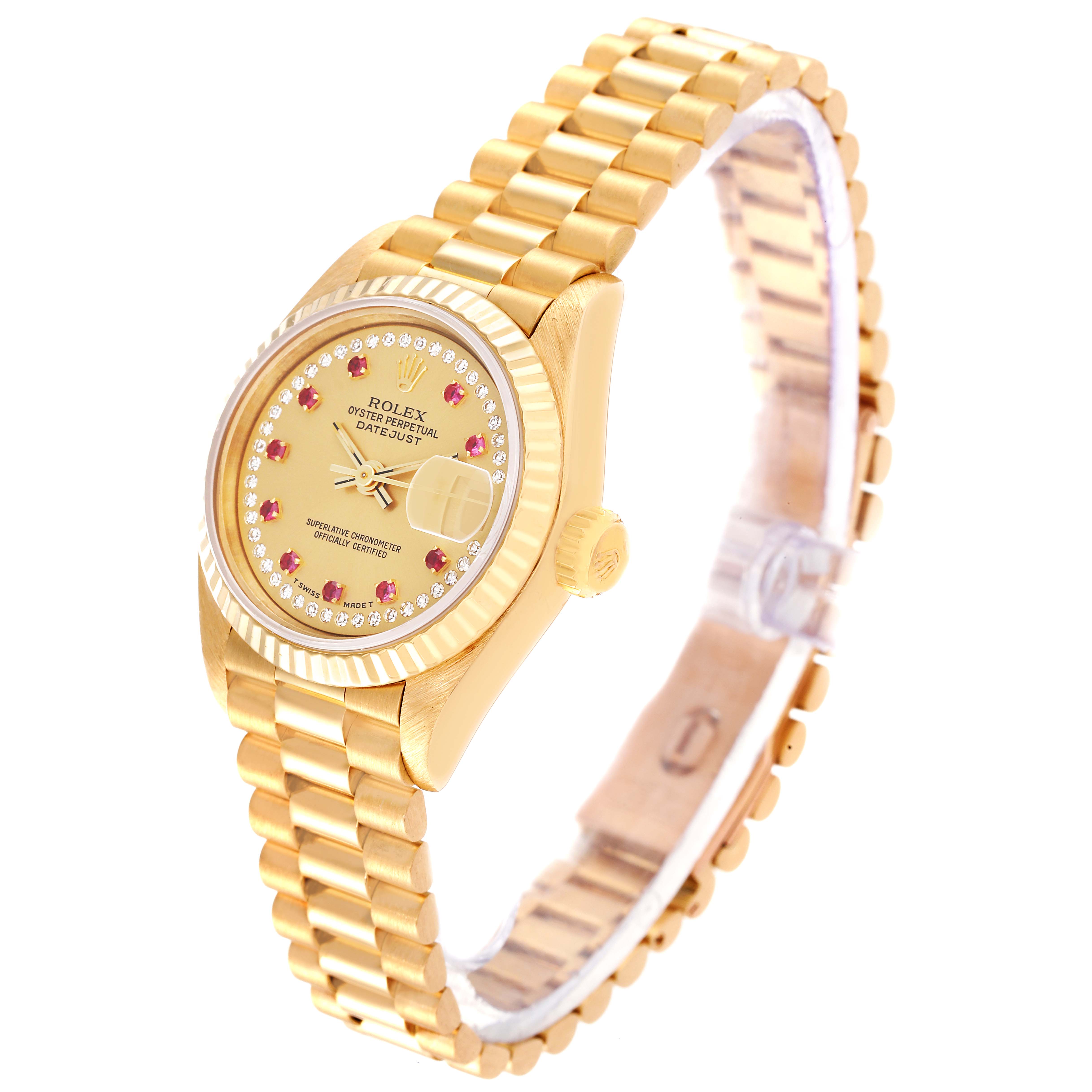The image shows a side angle of a Rolex President 69178 Women
s Yellow Gold Champagne Dial 69178 Women
s Yellow Gold Champagne Dial model watch, highlighting the watch face, bezel, crown, and bracelet.