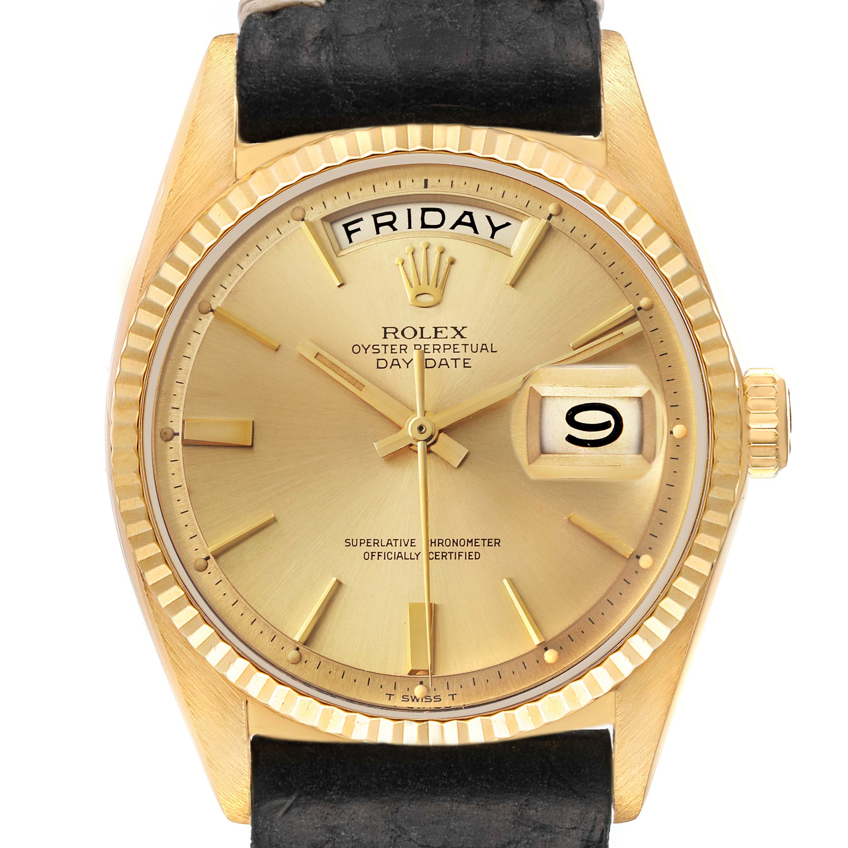 This image shows a front view of a Vintage Collection Rolex Oyster Perpetual Day-Date watch, featuring the dial, bezel, and part of the strap.