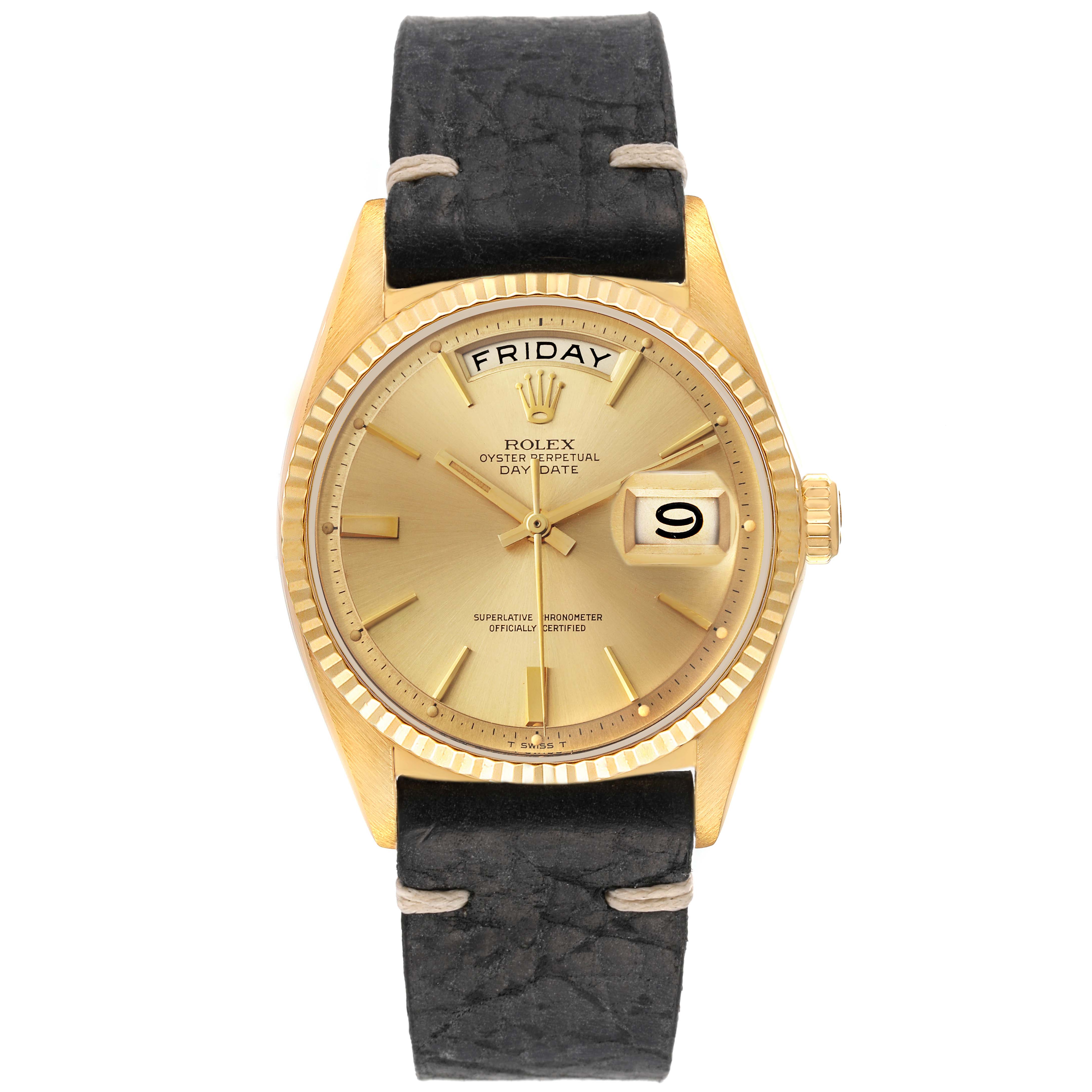 The image shows a front view of a Rolex Vintage Collection 1803 Men's Yellow Gold Champagne Dial 1803 Men's Yellow Gold Champagne Dial watch with a golden dial, day/date display, and black leather strap.