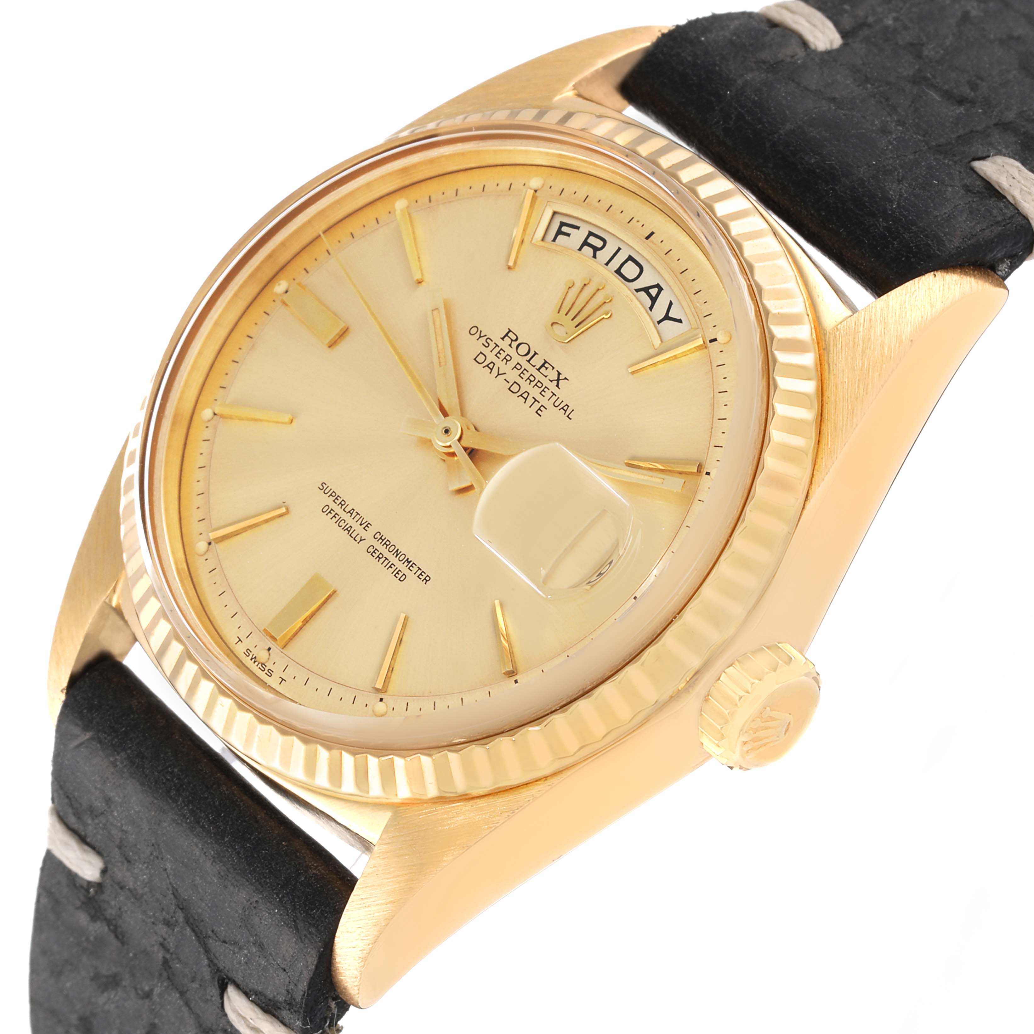 The image showcases a Rolex Vintage Collection 1803 Men's Yellow Gold Champagne Dial 1803 Men's Yellow Gold Champagne Dial model, angled to display the face, bezel, crown, and part of the strap.