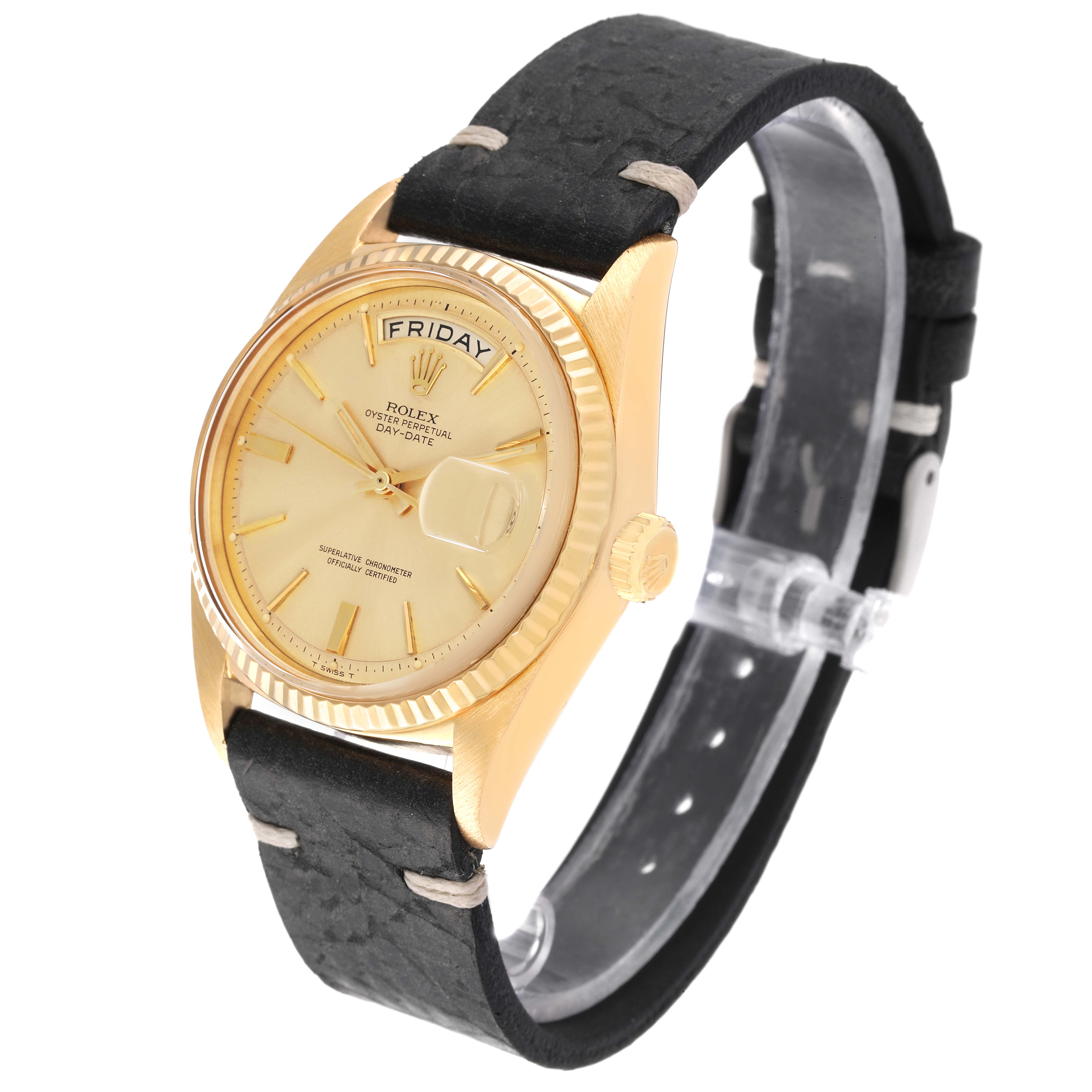 The Rolex Vintage Collection 1803 Men's Yellow Gold Champagne Dial 1803 Men's Yellow Gold Champagne Dial model watch is shown at a slight angle from the front, displaying its face, bezel, and black leather strap.