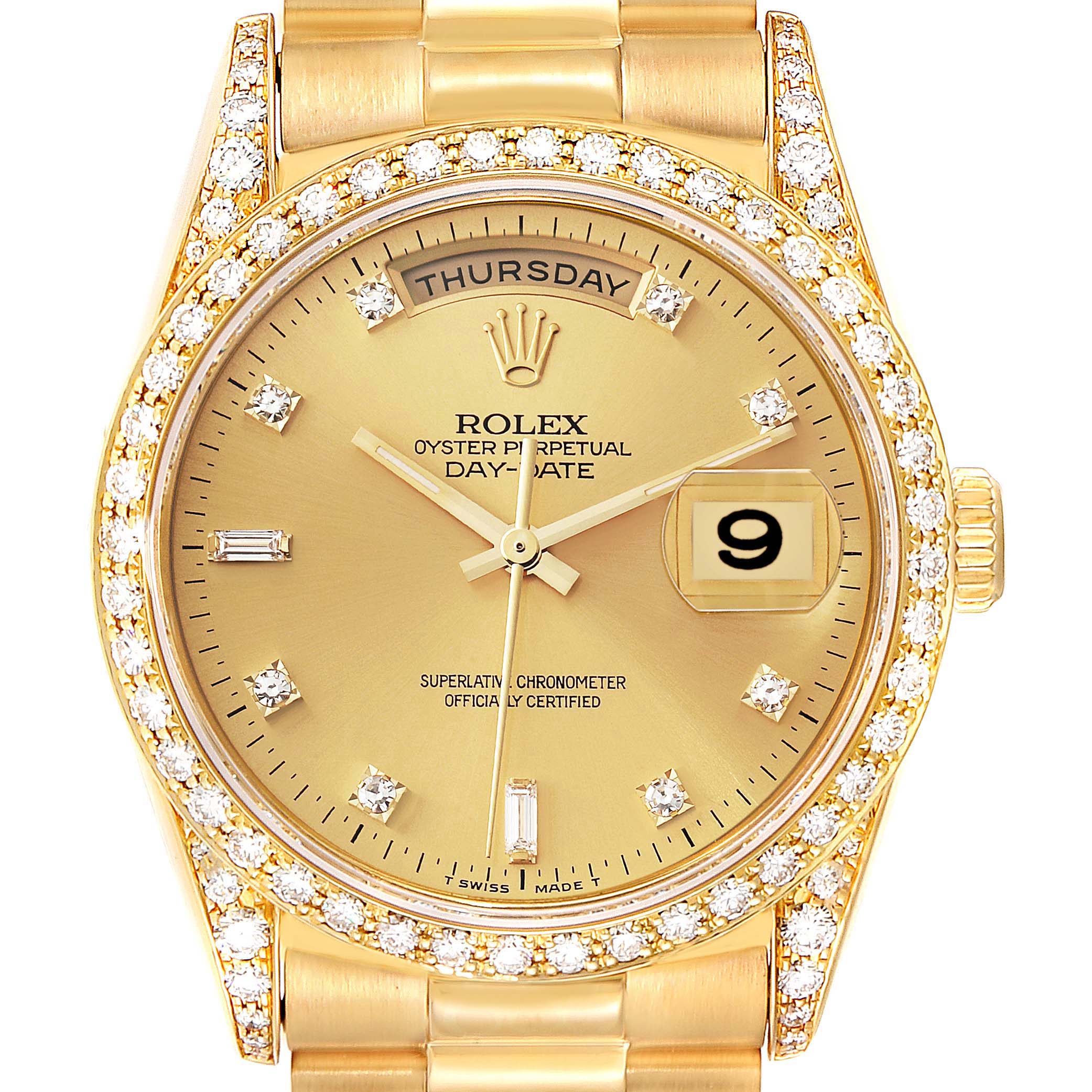 The image shows a front view of a Rolex President 18388 Men
s Yellow Gold Champagne Dial 18388 Men
s Yellow Gold Champagne Dial model watch, highlighting its gold case, diamond bezel, and day-date feature.