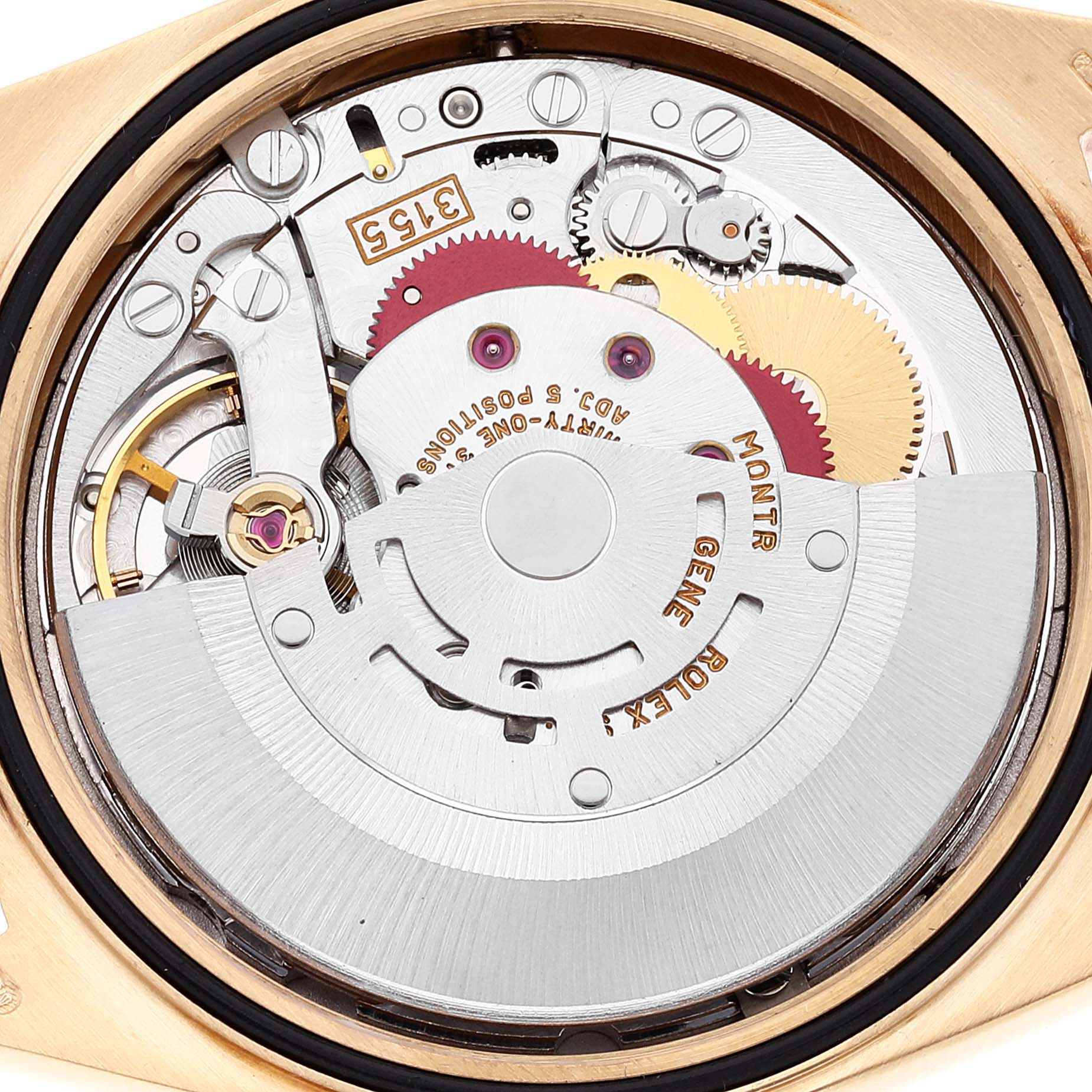 The image shows the internal mechanical movement of a Rolex President 18388 Men
s Yellow Gold Champagne Dial 18388 Men
s Yellow Gold Champagne Dial model watch from a top-down angle.