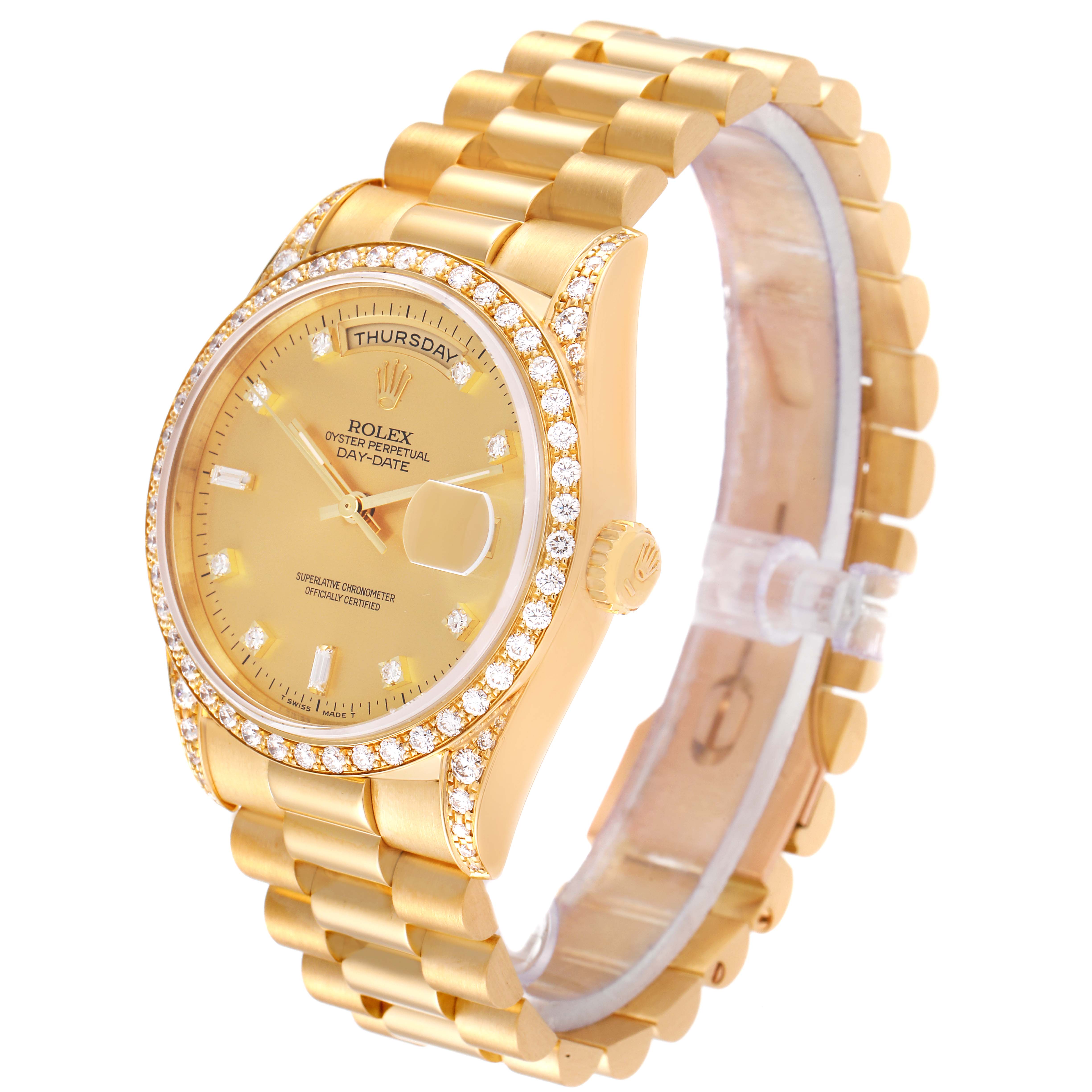 The image shows a side angle of a gold Rolex President 18388 Men
s Yellow Gold Champagne Dial 18388 Men
s Yellow Gold Champagne Dial model watch, highlighting its bracelet, bezel, and dial.