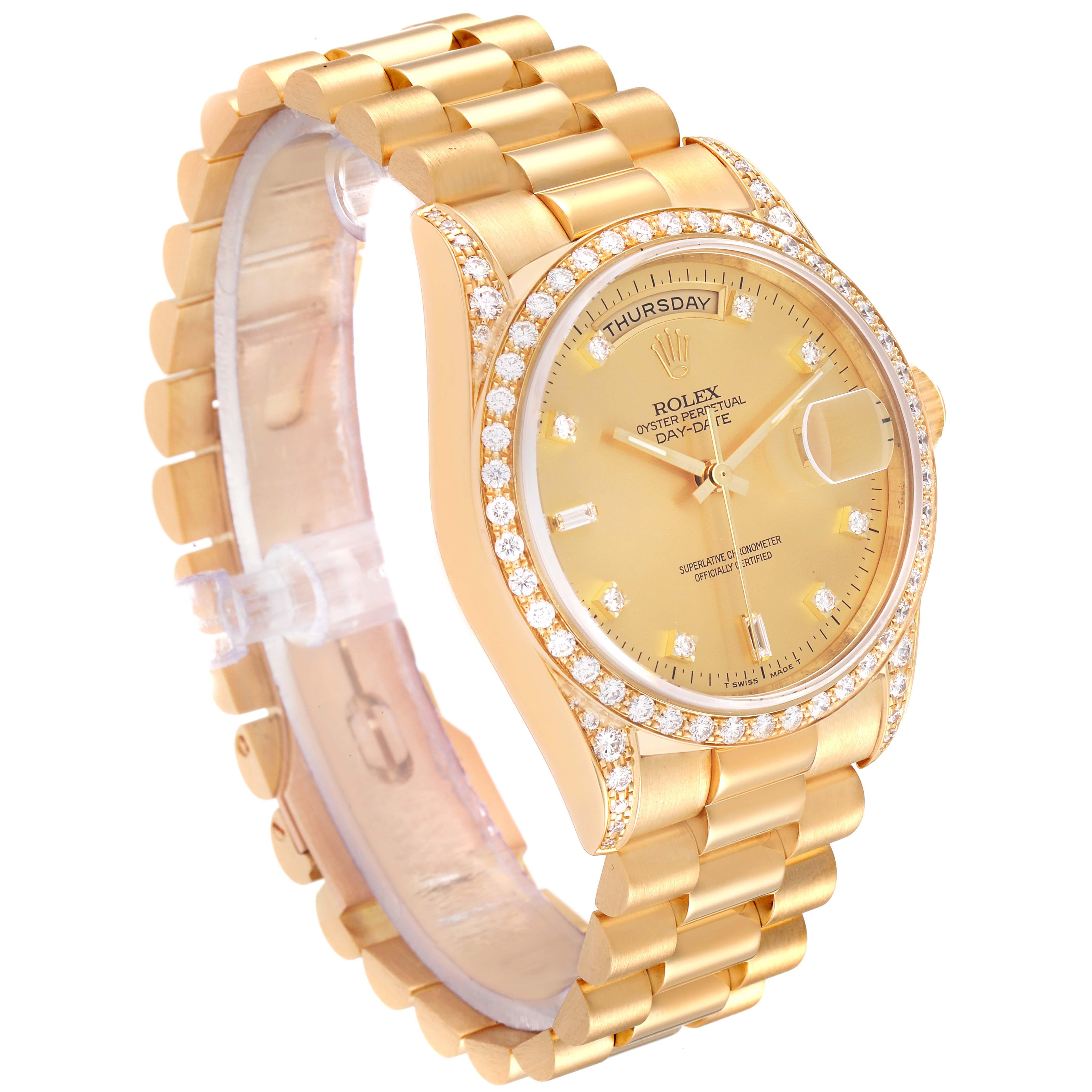 The image shows a side view of the Rolex President 18388 Men
s Yellow Gold Champagne Dial 18388 Men
s Yellow Gold Champagne Dial model, highlighting its gold bracelet, dial, and diamond bezel.