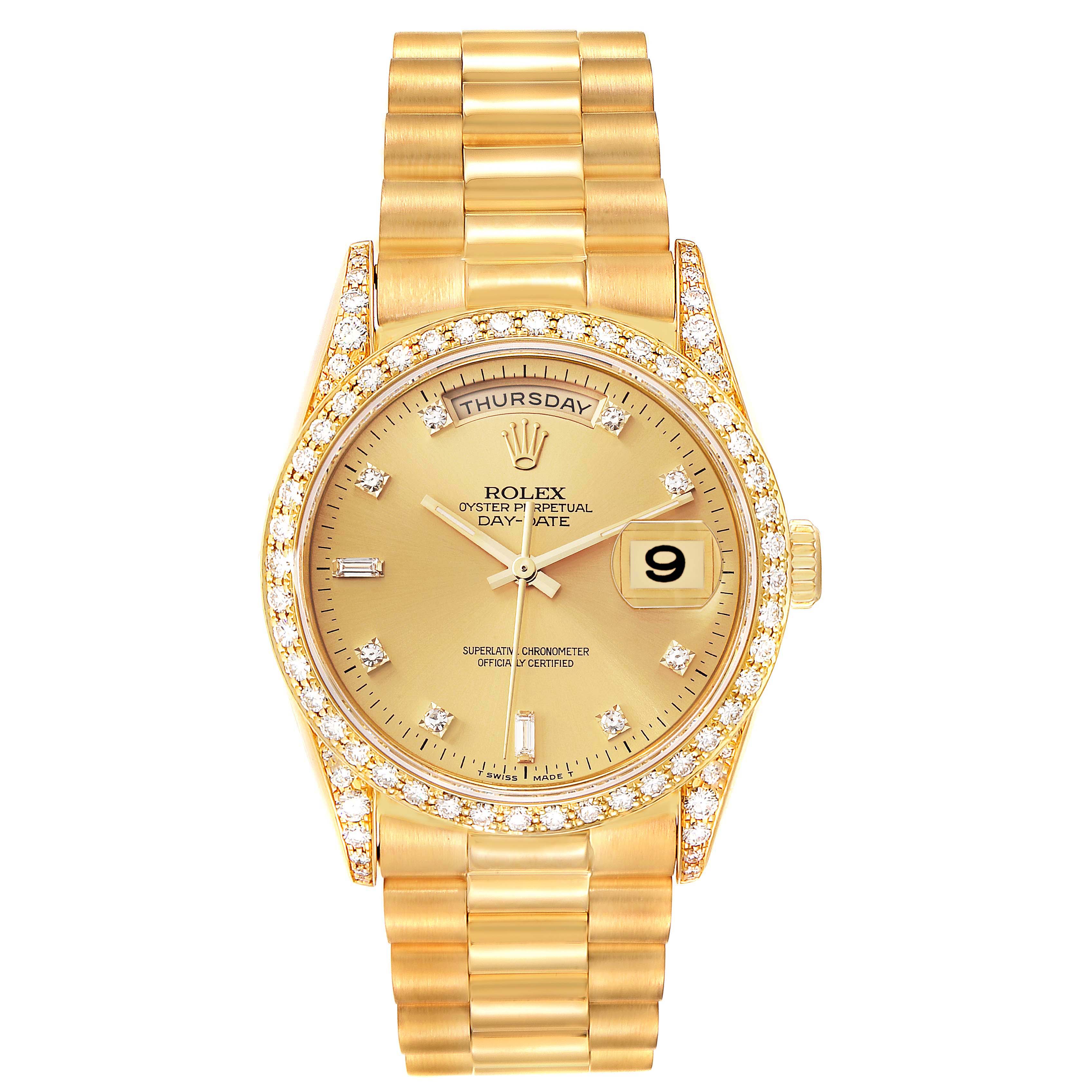 The image shows a Rolex President 18388 Men
s Yellow Gold Champagne Dial 18388 Men
s Yellow Gold Champagne Dial model watch from a front angle, displaying the face, band, and bezel.