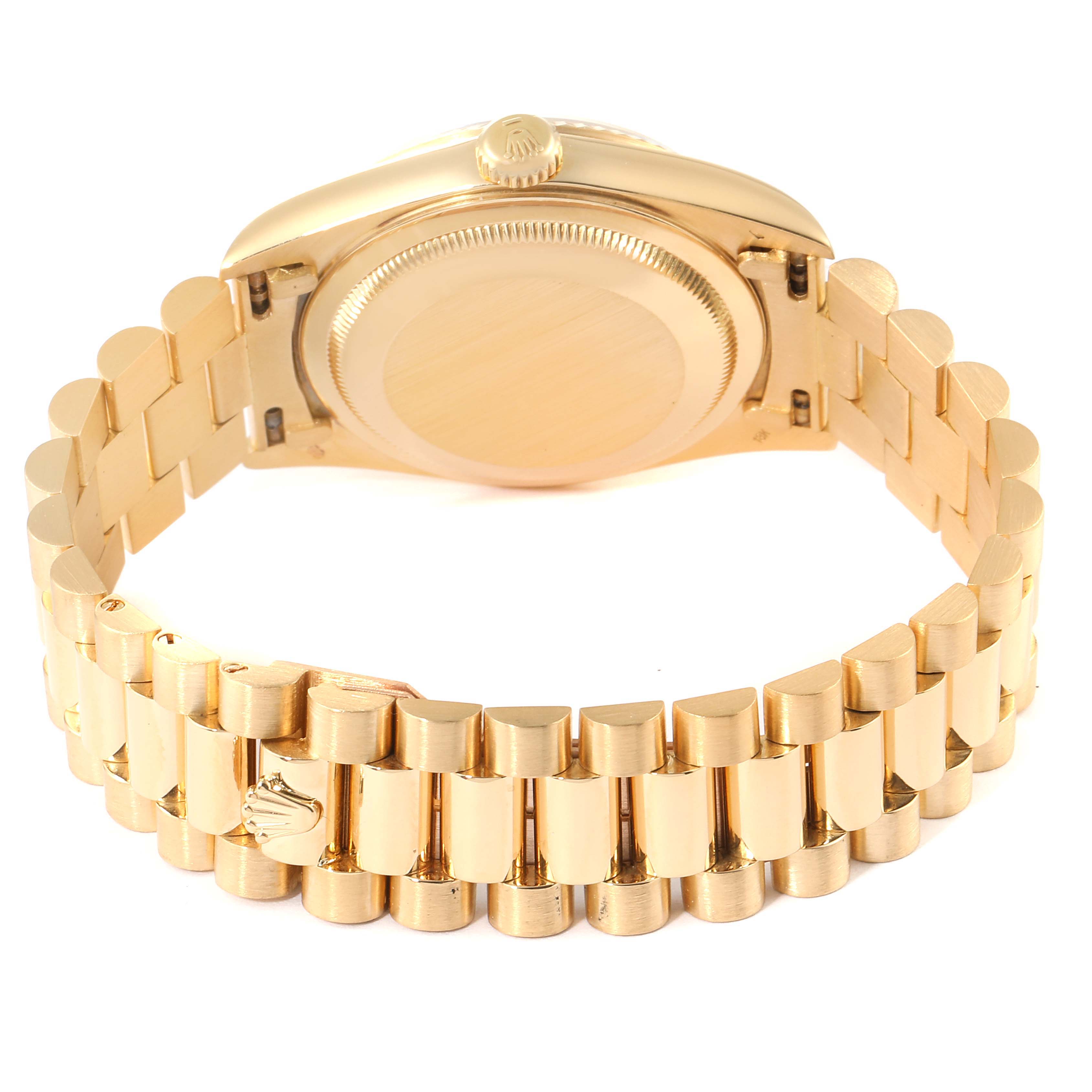 The image shows the back view of a Rolex President 18238 Men's Yellow Gold Champagne Dial 18238 Men's Yellow Gold Champagne Dial model watch, highlighting its caseback and bracelet.