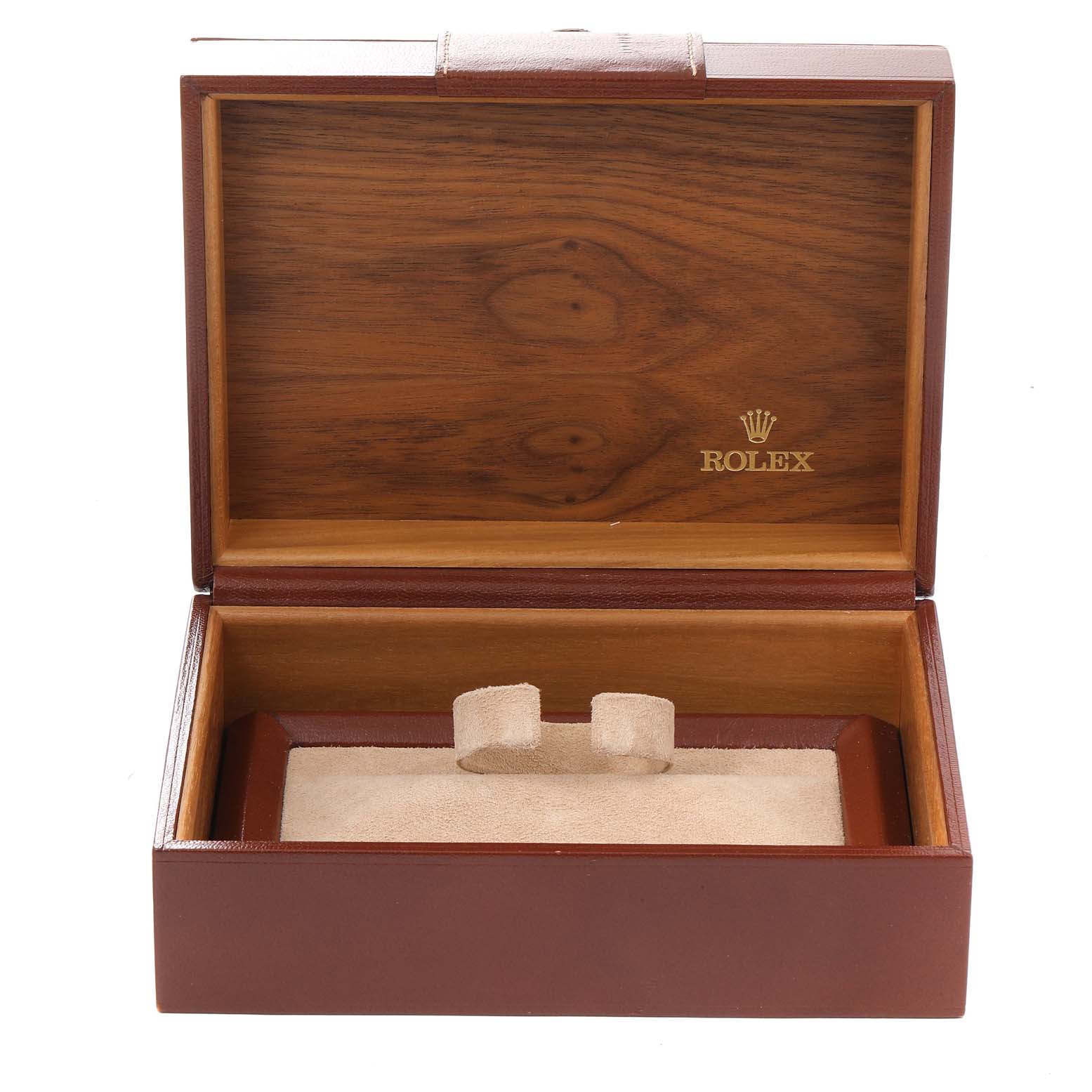 The image shows an open, empty Rolex President 18238 Men's Yellow Gold Champagne Dial 18238 Men's Yellow Gold Champagne Dial model watch box made of wood and leather, with the Rolex logo visible inside the lid.