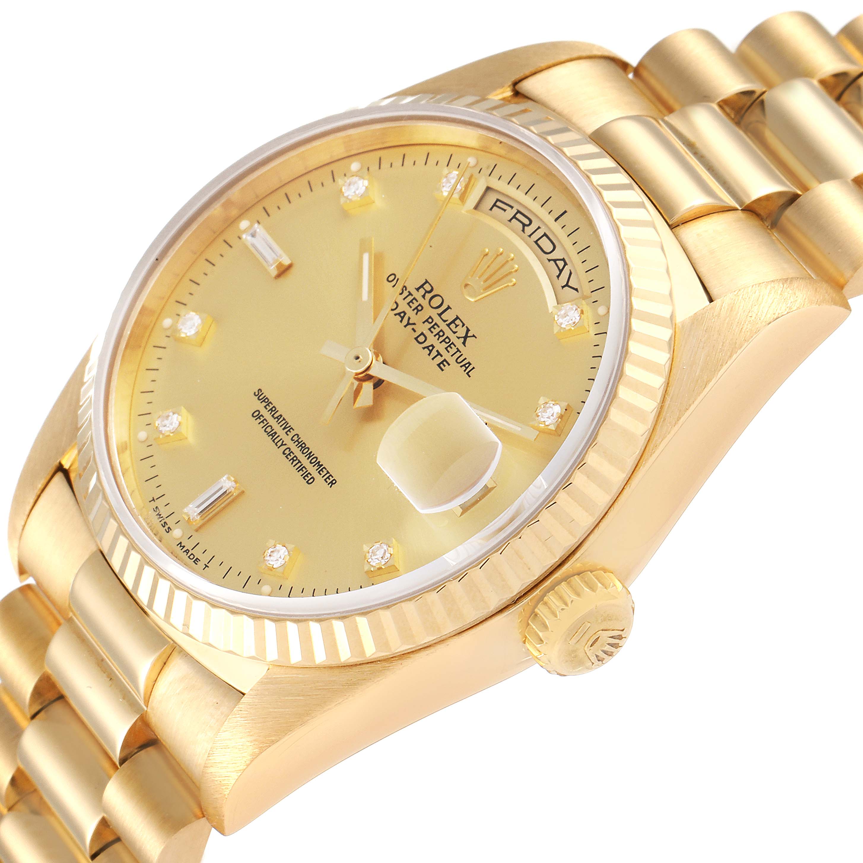 The image shows a close-up angled view of a Rolex President 18238 Men's Yellow Gold Champagne Dial 18238 Men's Yellow Gold Champagne Dial model watch, highlighting its gold case, dial, bracelet, and crown.