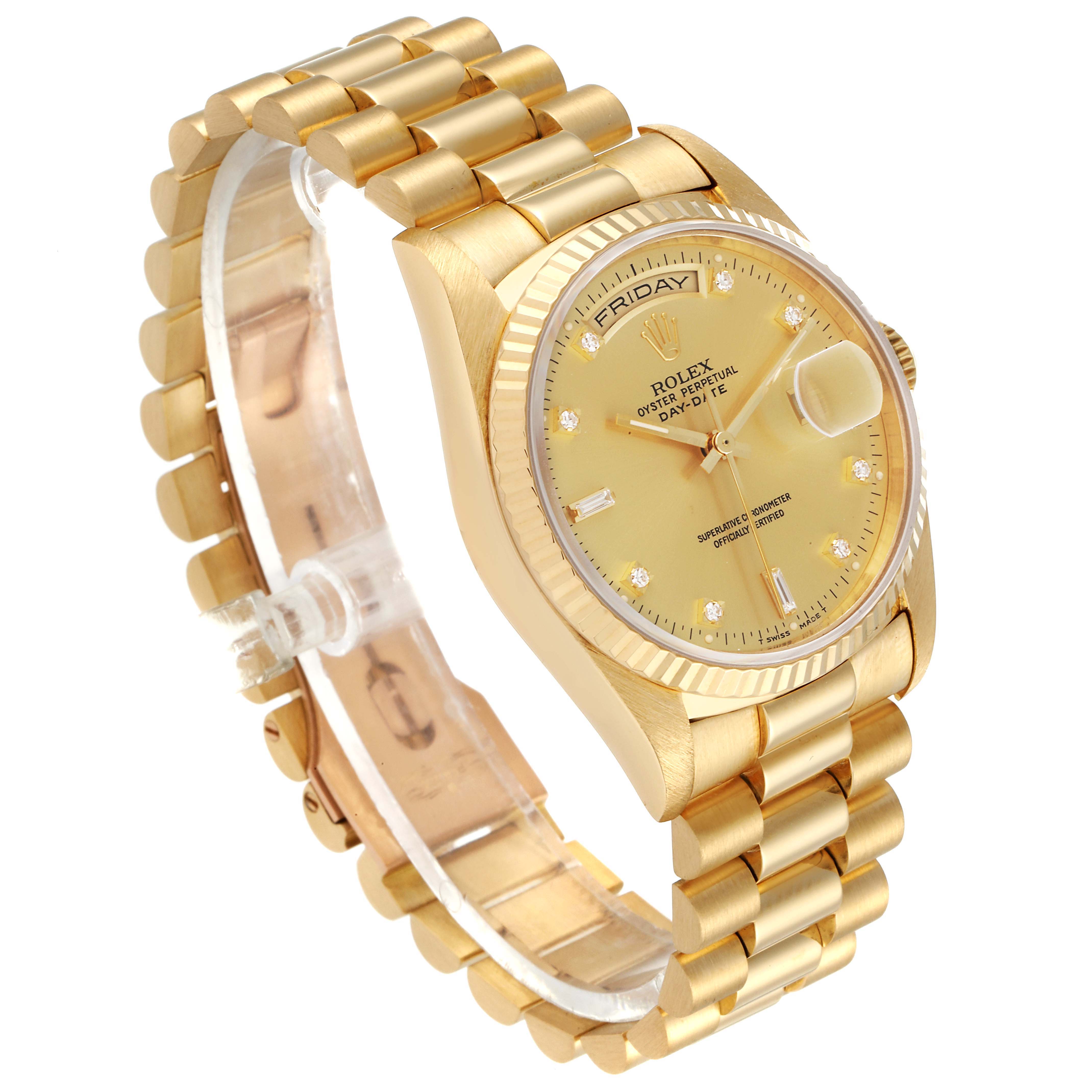 The Rolex President 18238 Men's Yellow Gold Champagne Dial 18238 Men's Yellow Gold Champagne Dial model watch is shown at a three-quarter angle, highlighting the face, band, and crown.