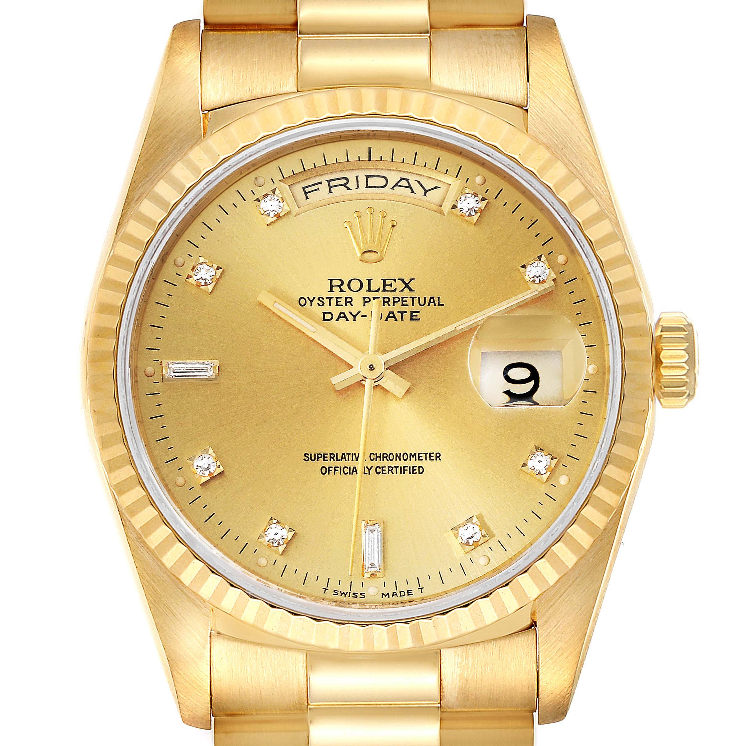 The Rolex President 18238 Men's Yellow Gold Champagne Dial 18238 Men's Yellow Gold Champagne Dial model watch is shown from an overhead angle, highlighting its dial, bracelet, and crown.