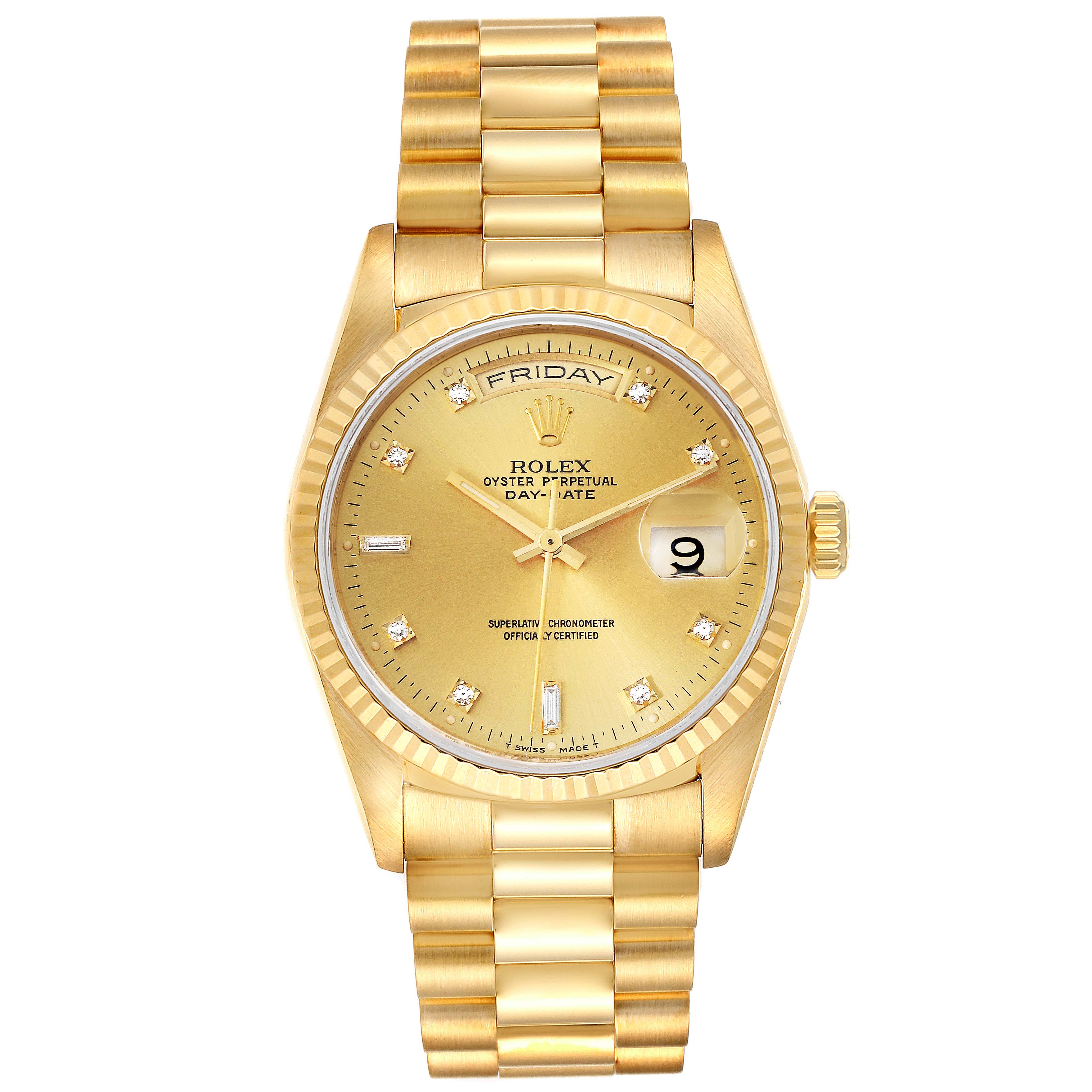 The image shows a frontal view of a Rolex President 18238 Men's Yellow Gold Champagne Dial 18238 Men's Yellow Gold Champagne Dial model watch, displaying its gold dial, bracelet, and day-date features.