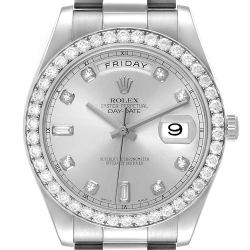 The Rolex President 218349 Mens White Gold Silver Dial Day-Date watch is shown from the front, highlighting the diamond bezel and silver dial with day and date functions.