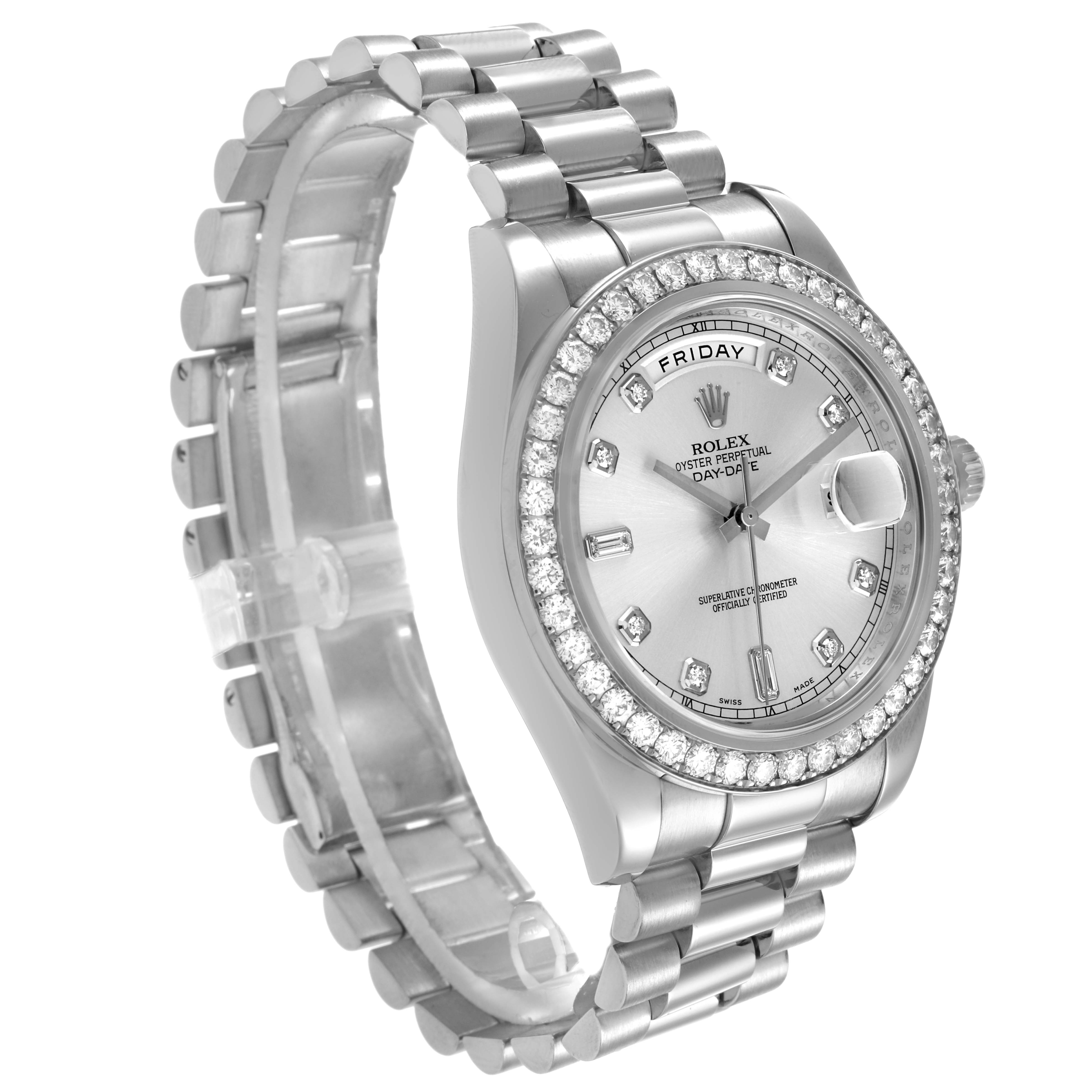 The Rolex President 218349 Men's White Gold Silver Dial model is shown at an angled side view, highlighting the bracelet, dial, and diamond-set bezel.