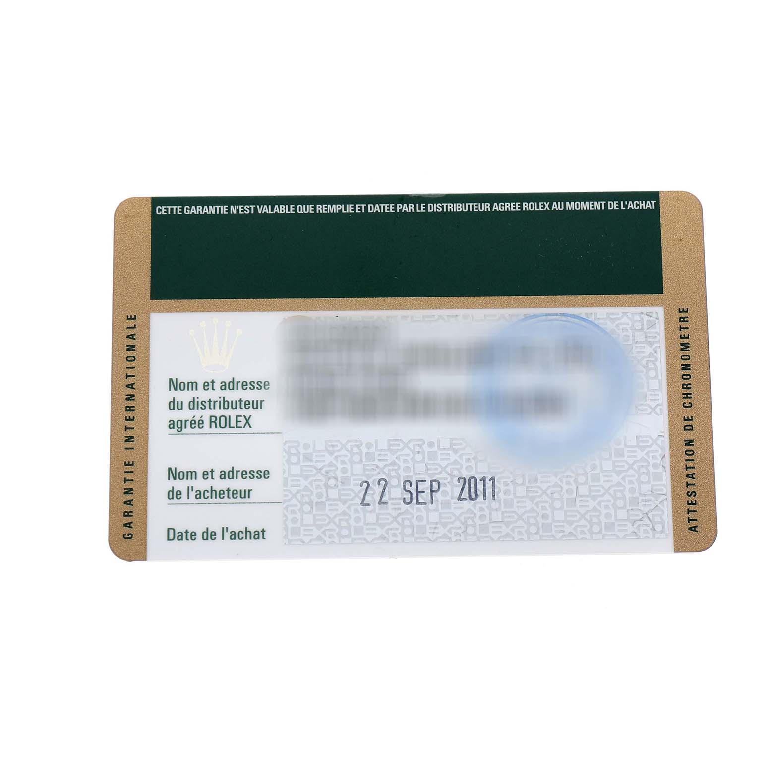The image shows a warranty card for a Rolex President 218349 Men's White Gold Silver Dial model, focusing entirely on the card's details.