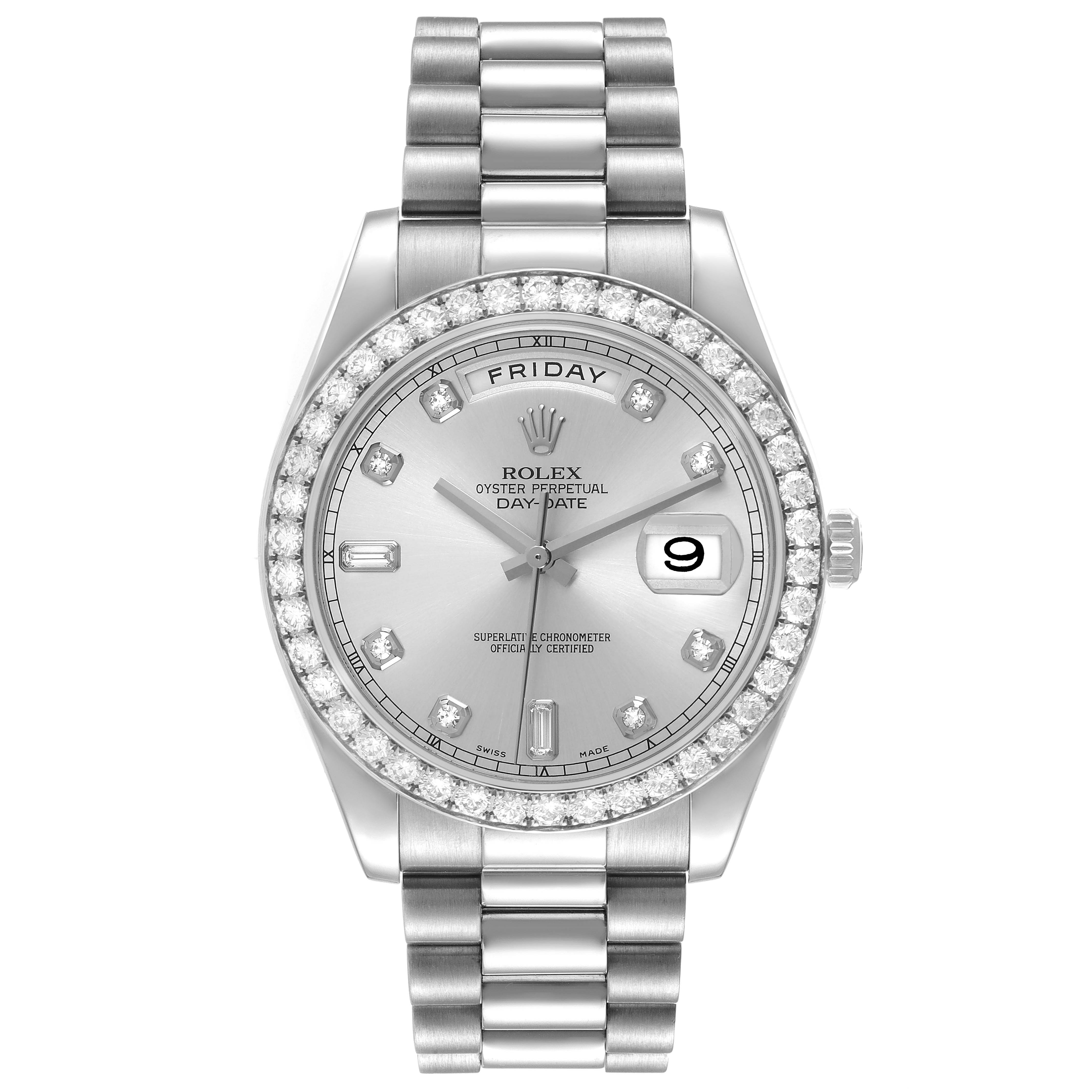 The image shows a Rolex President 218349 Men's White Gold Silver Dial model watch from a front view, displaying the dial, bezel, and bracelet clearly.