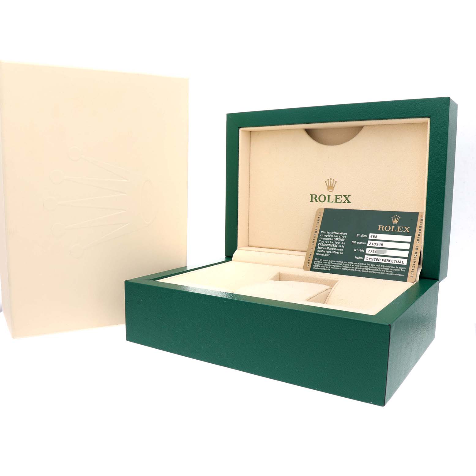 The image shows the open green box and warranty card for the Rolex President 218349 Men's White Gold Silver Dial model.
