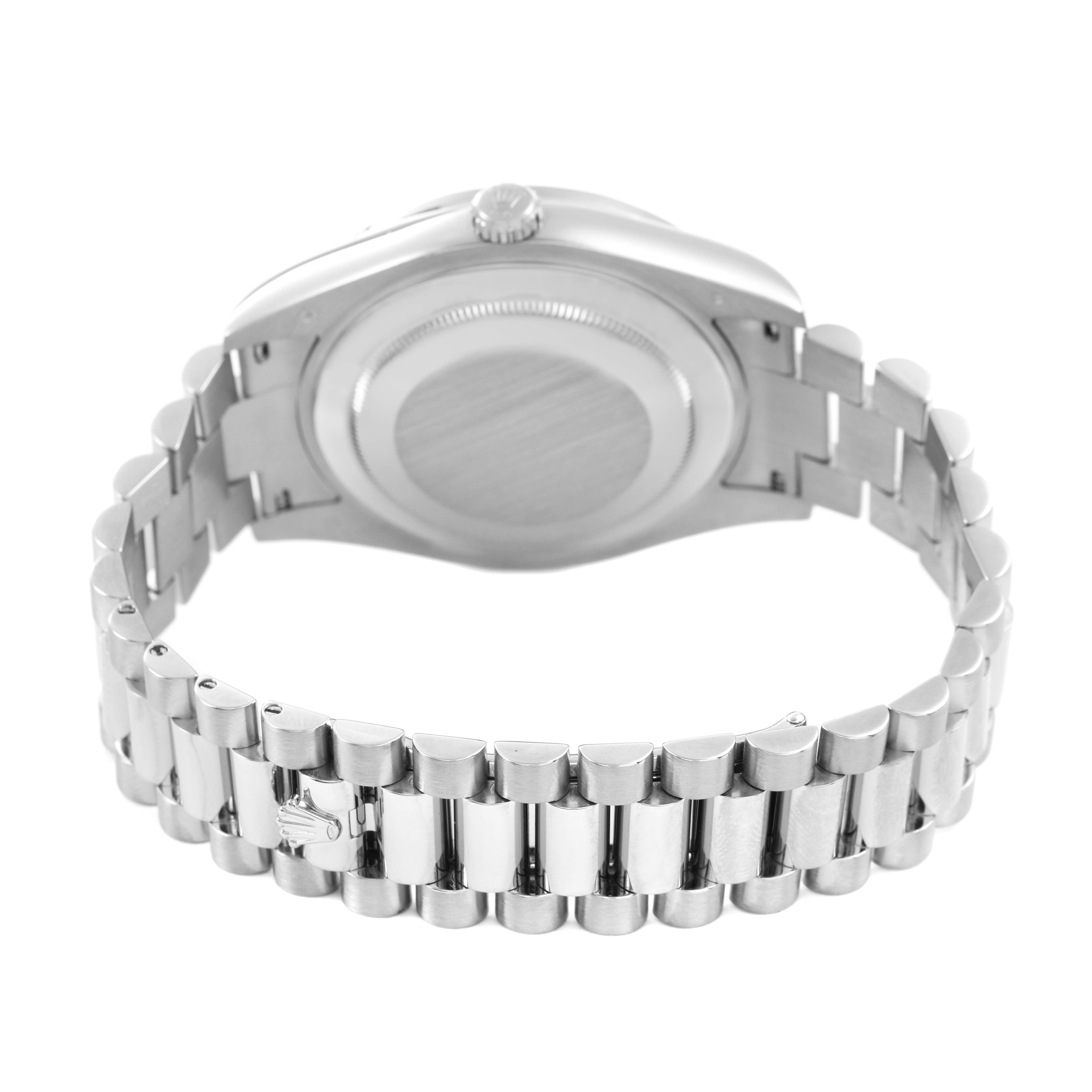 The image shows the back case and bracelet of a Rolex President 218349 Men's White Gold Silver Dial watch from the rear angle.