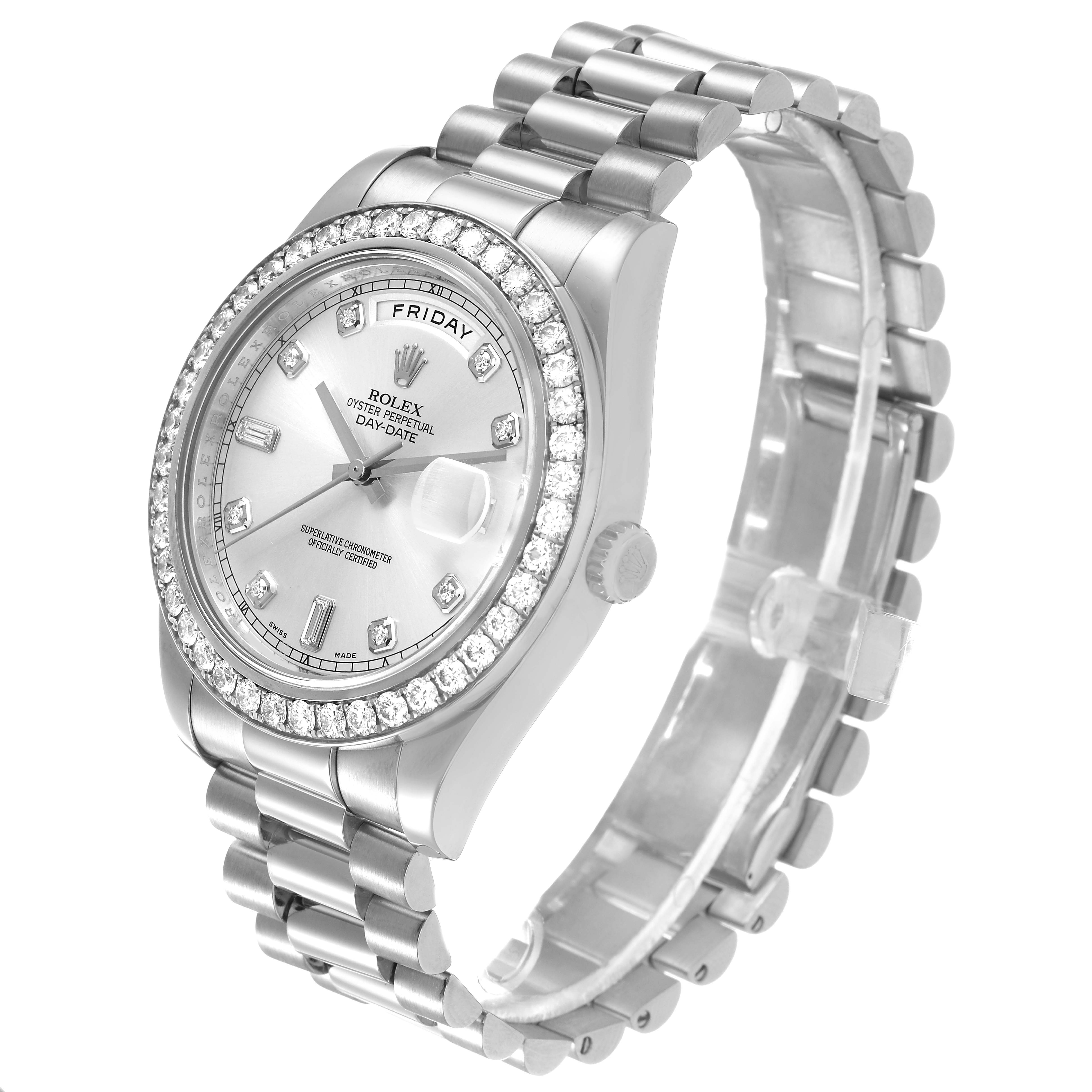 The Rolex President 218349 Men's White Gold Silver Dial watch is shown at an angle highlighting its dial, bezel, bracelet, and crown.